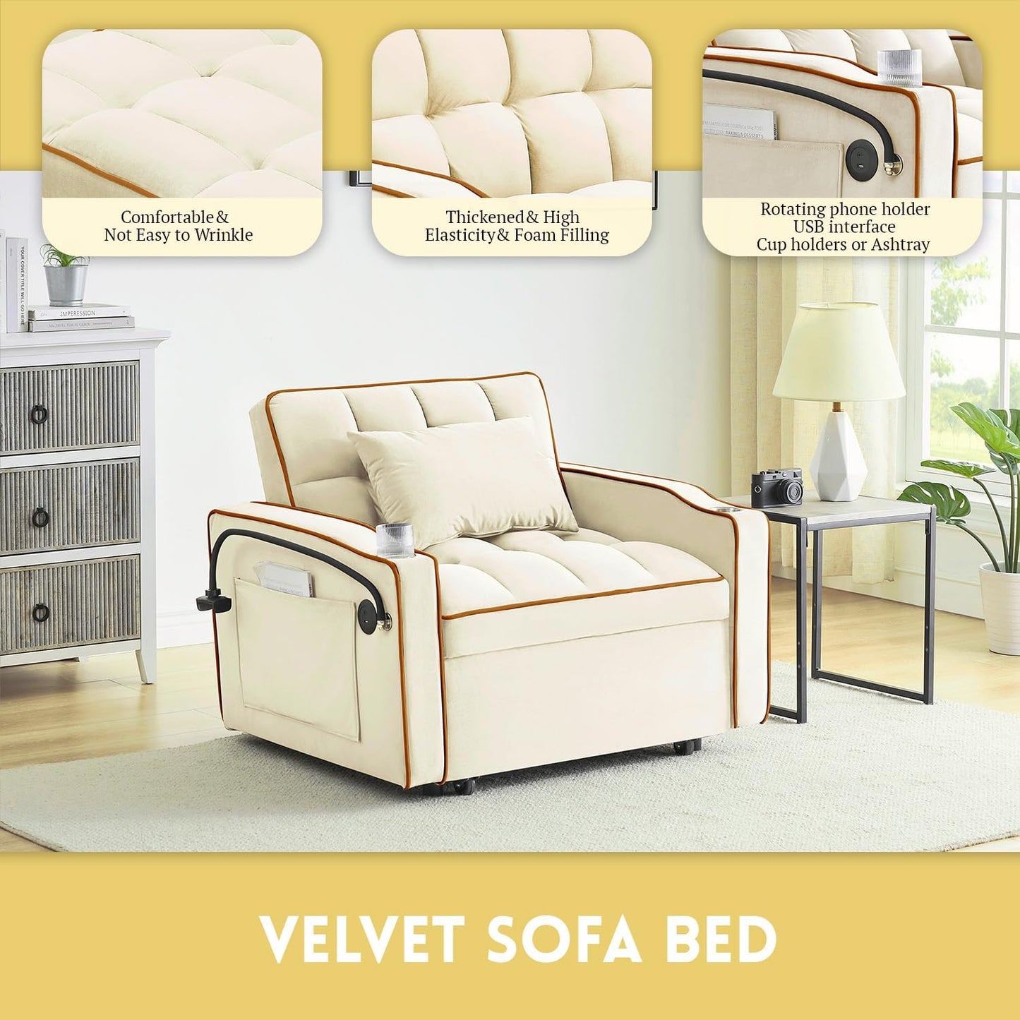3 in 1 Sleeper Sofa Chair Bed,Velvet Convertible Sleeper Chair,Pull Out Bed Chair with USB Port & Ashtray and Swivel Phone Stand & Storage Pockets,Modern Chair for Living Room