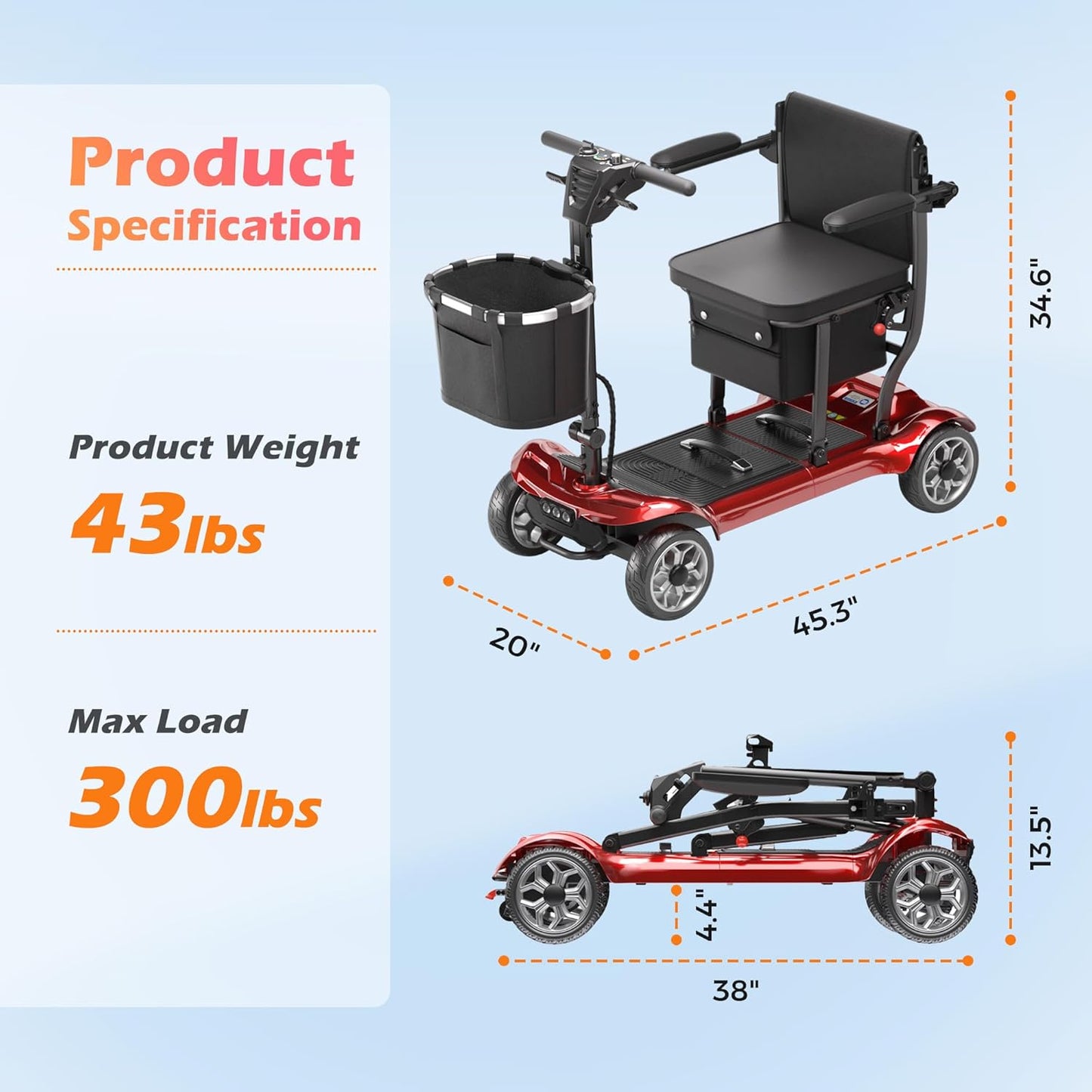 4 Wheel Mobility Scooter for Adults&Seniors - 43lb Lightweight Portable Motorized Scooters 300 lb Capacity, Foldable Travel Mobility Scooters with Removable Battery, Dual Basket, Red