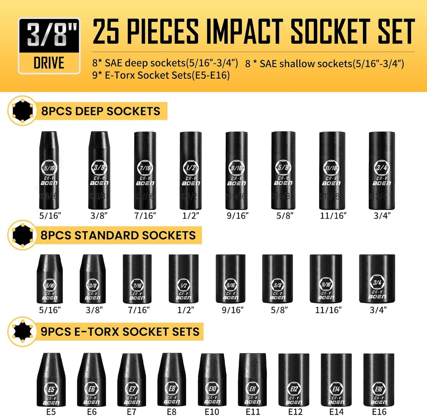 BOEN 3/8" Drive Impact Socket Set, 59-Piece Standard SAE (5/16 to 3/4 inch) and Metric (6-22mm), Include 9-Piece E-Torx Socket Set (E5-E16) 丨Ratchet Handle, Extension Bar, Universal Joint, Adapter