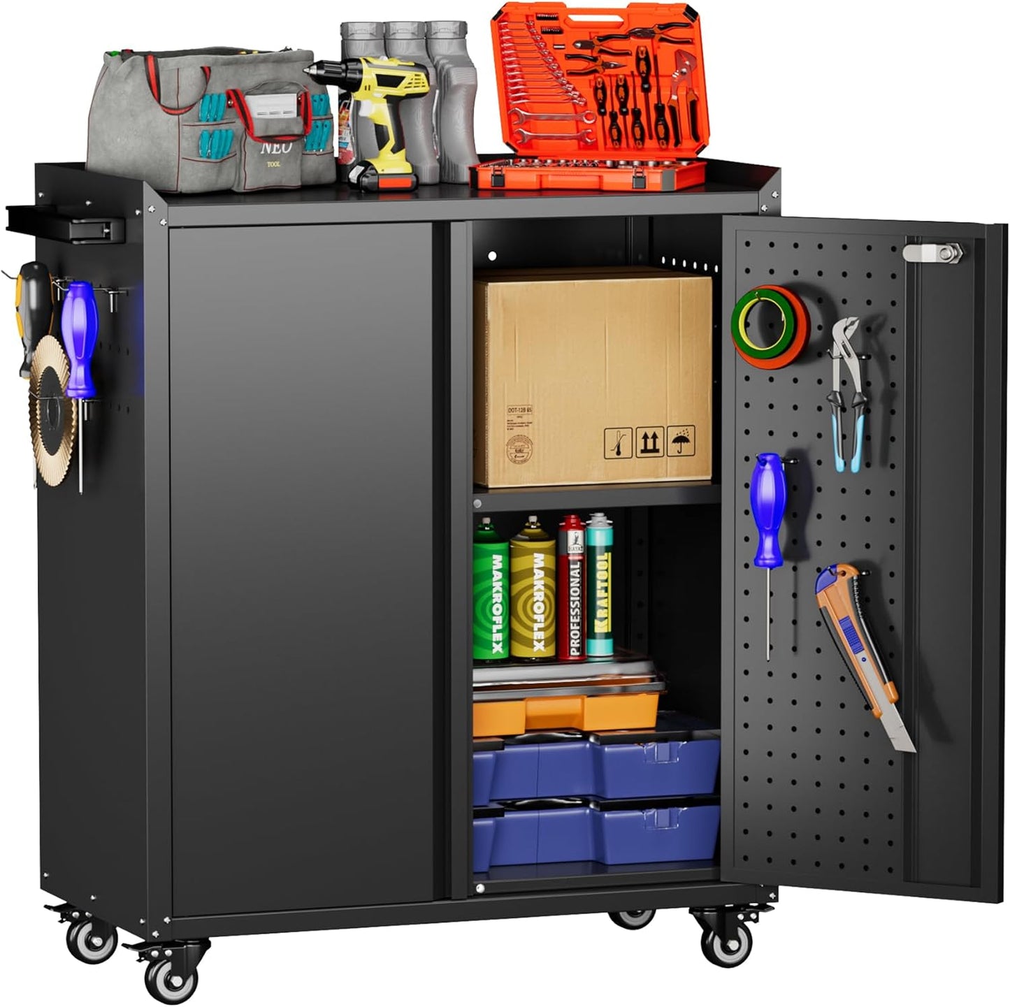 Aobabo Garage Storage Cabinet with Door Pegboard,Lockable Metal Storage Cabinet with 5 Adjustable Shelves for Garage Home,Required Assembly,Black