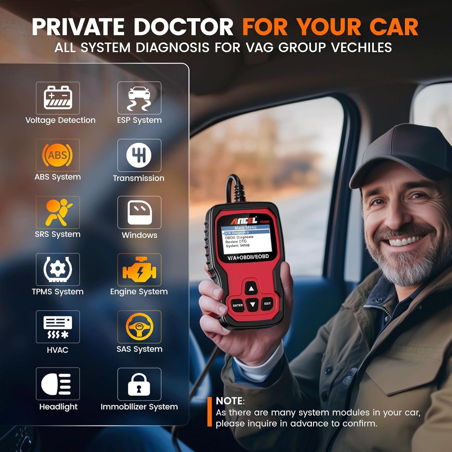 Ancel VD500 OBD2 Scanner Diagnostic Tool for Volkswagen VW Audi Skoda Seat Diagnosis Check Engine Light EPB ABS SRS Code Reader Oil Throttle Position Adaption Brake Pad Reset