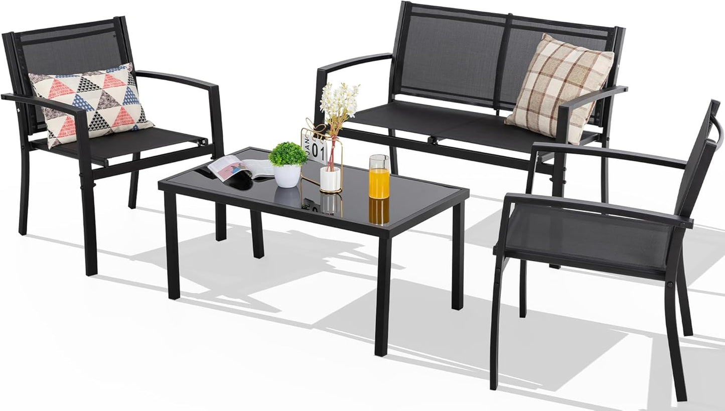 Shintenchi 4 Pieces Patio Furniture Set All Weather Textile Fabric Outdoor Conversation Set, with Glass Coffee Table, Loveseat, 2 Single Chairs for Home, Garden, Lawn, Porch(Silver)