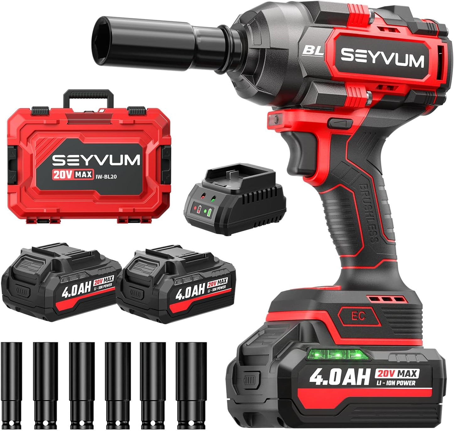 SEYVUM Impact Wrench,1/2" Impact Gun, Power Impact Driver Max Torque 320 Ft-lbs (430N.m), Cordless Impact Wrench with 20V Brushless Motor, 4.0Ah Li-ion Battery with Fast Charger, 4 Pcs Impact Sockets