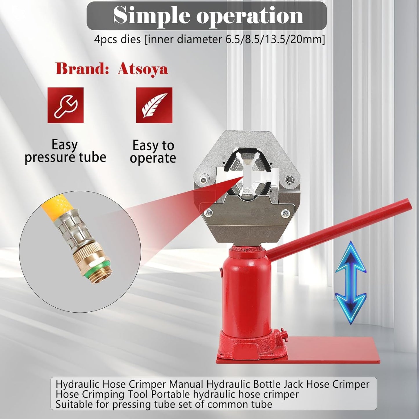 6.5-20mm Manual Hydraulic Hose Crimper Bottle Jack Hose Crimper Benchtop Agricultural 7T Hydraulic Hose Press Machine 6 Teeth High Pressure Sprayer Hose Diesel Hose Pressing Hydraulic Clamping Tools
