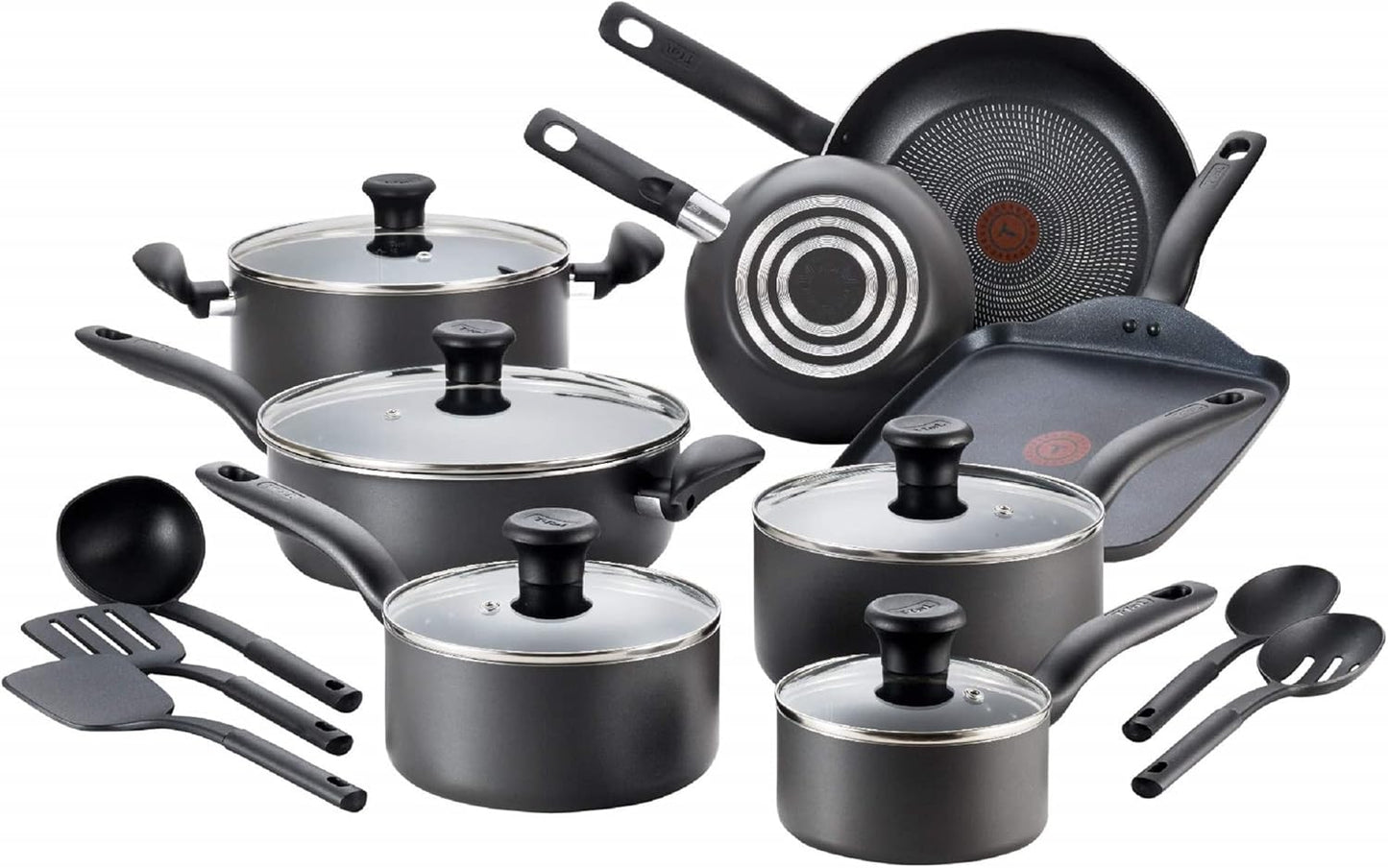 T-fal Initiatives Nonstick Cookware Set 18 Piece, Oven Broiler Safe 350F, Kitchen Cooking Set w/Fry Pans, Saucepans, Saute Pan, Dutch Oven, Griddle, Pots and Pans, Home, Dishwasher Safe, Red