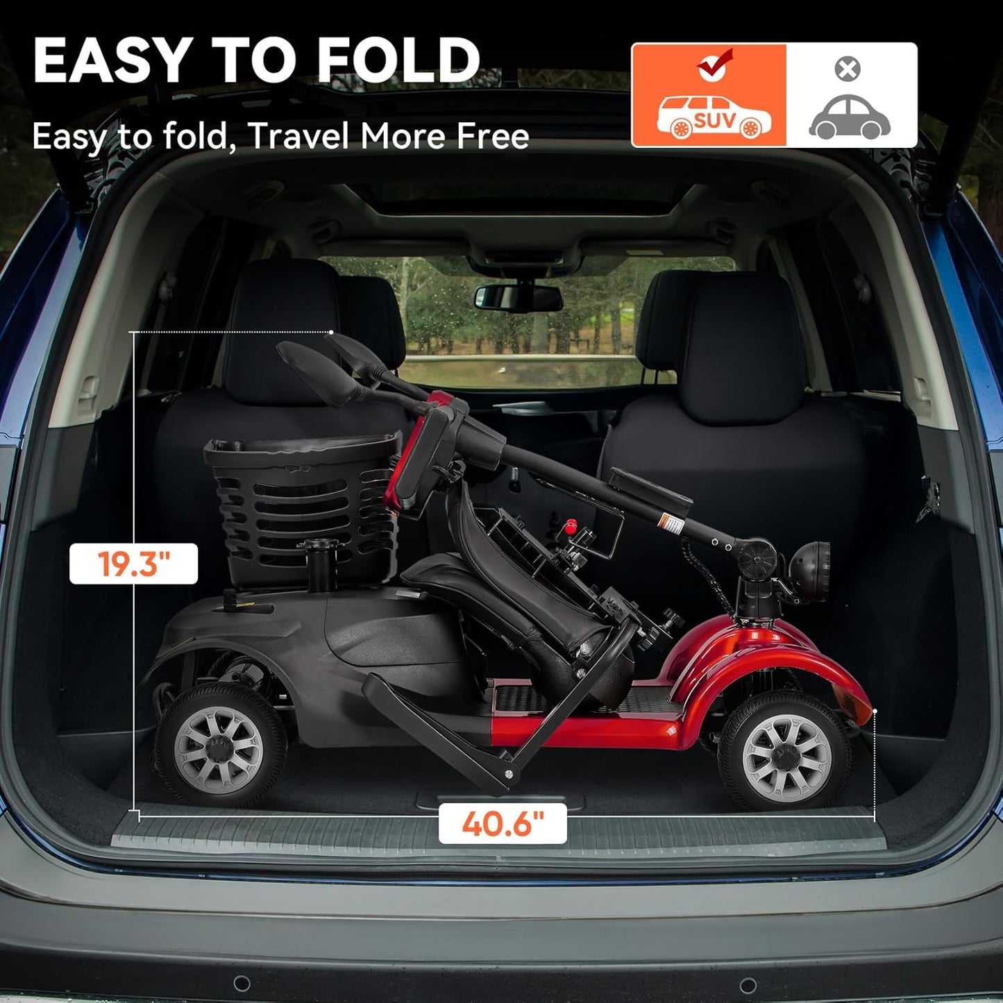 4 Wheel Compact Mobility Scooter for Seniors and Adults,Foldable Electric Scooter, Heavy Duty Travel Model with Lights, Basket, and Long-Lasting Battery (Red)