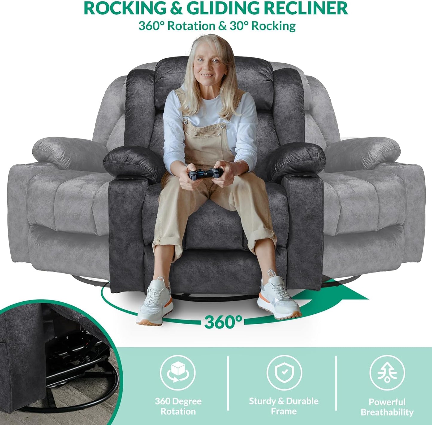 VIVIJASON Manual Swivel Rocking Glider Recliner Chair with Heat & Vibration Massage, 360° Swivel Overstuffed Reclining Chair with 2 Cup Holders, Side Pockets & USB Ports for Living Room, Plush Gray