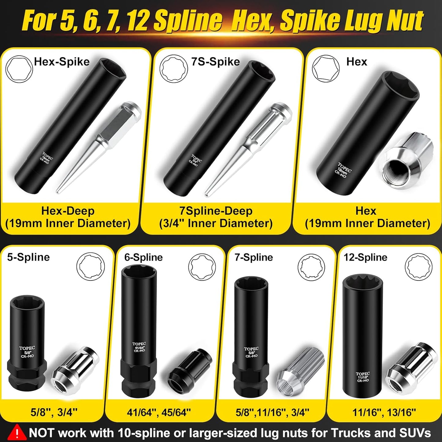 Topec 12PCS Spline Lug Nut Socket Set, Master Lug Nut Key Set of 5, 6, 7, 12 Spline, Wheel Lock Removal Kit for Spike and Hex Lug Nuts, Universal Locking Lug Nut Removal Tool
