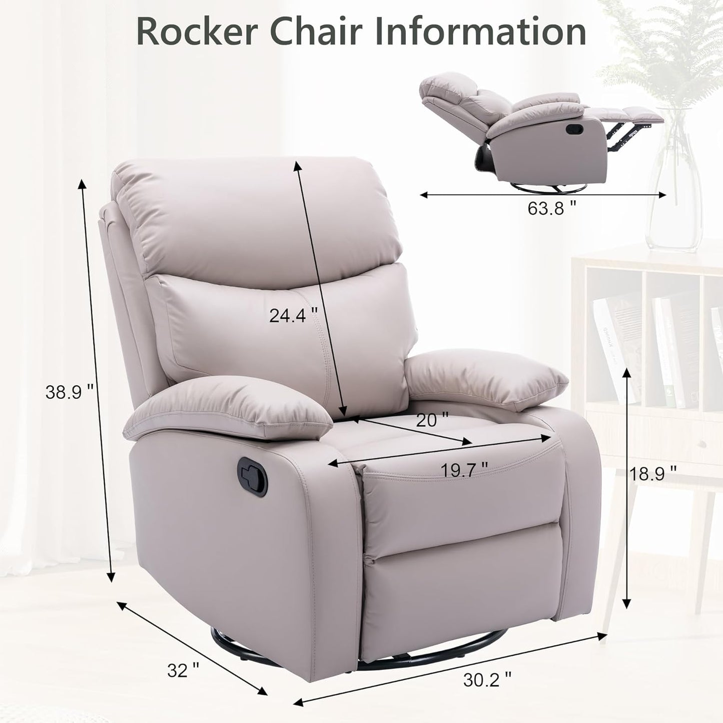 Swivel Rocker Recliner Chair, Rocking Chairs with Microfiber Leather, Small Manual Recliner Chair for Living Room, Nursery, Bedroom, RV, Beige