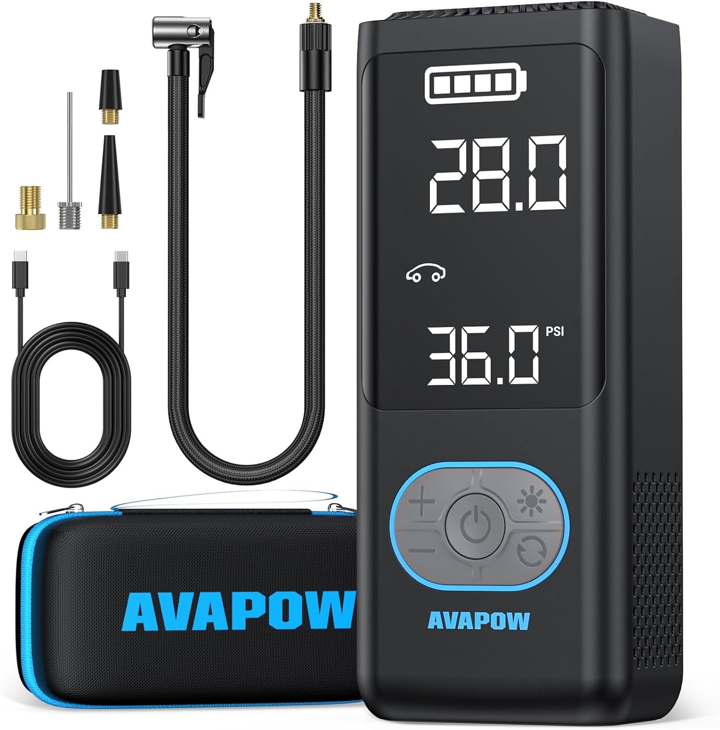 AVAPOW AP18 Tire Inflator Portable Air Compressor, 300% Faster 150 PSI Cordless Air Pump with Tire Pressure Gauge, 3.7″ Dual LCD Screen, Auto-Shuts Off Tire Pump for Car, Motorcycle, Bicycle, Purple