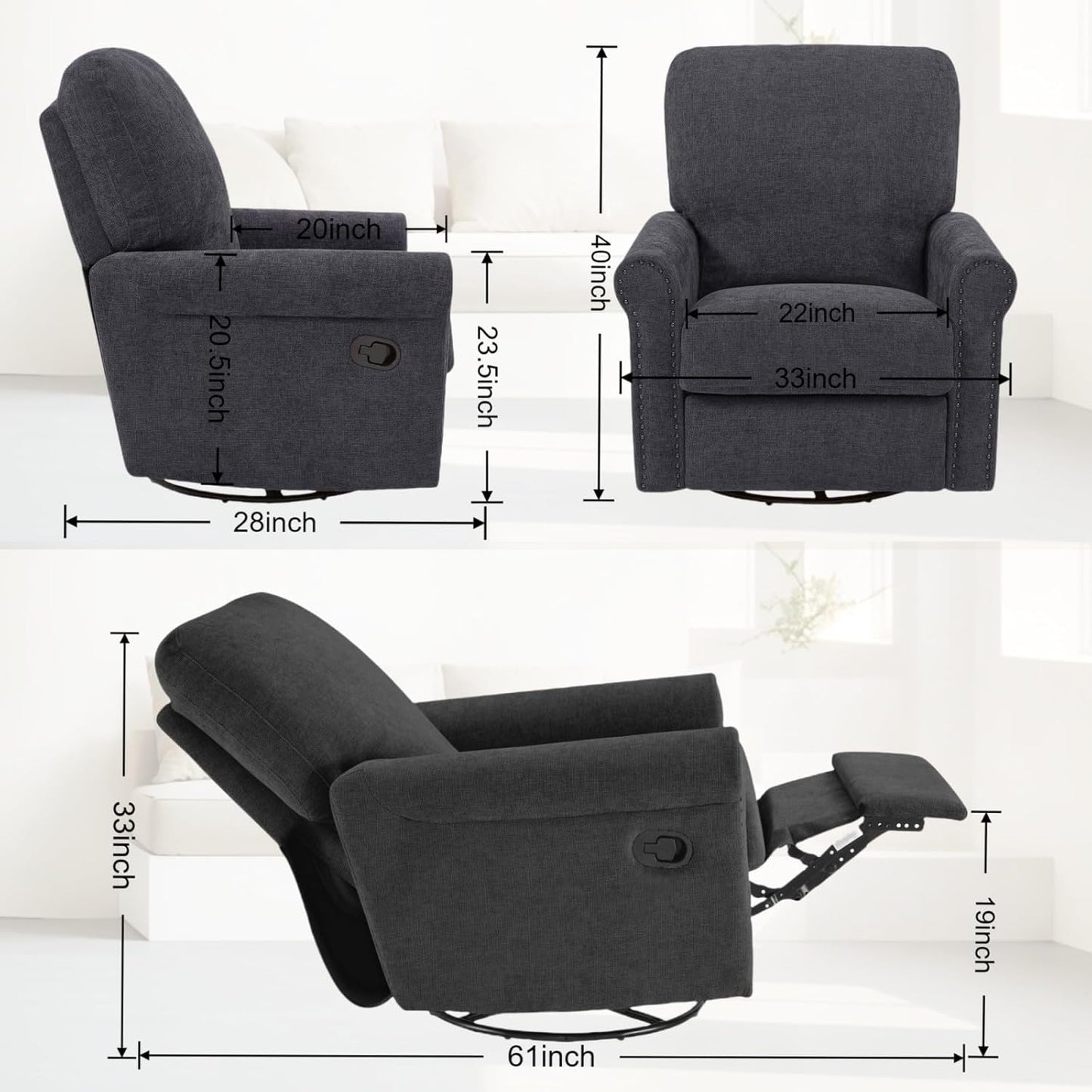 Accent Chairs 360° Recliner Chair Swivel Rocker Chair for Adults, Nursery Swivel Chairs for Living Room, High Back Upholstered Deep Seat Lazy Boy Recliner Chairs (Polyester Fabric- Dark Gray-1PCS)