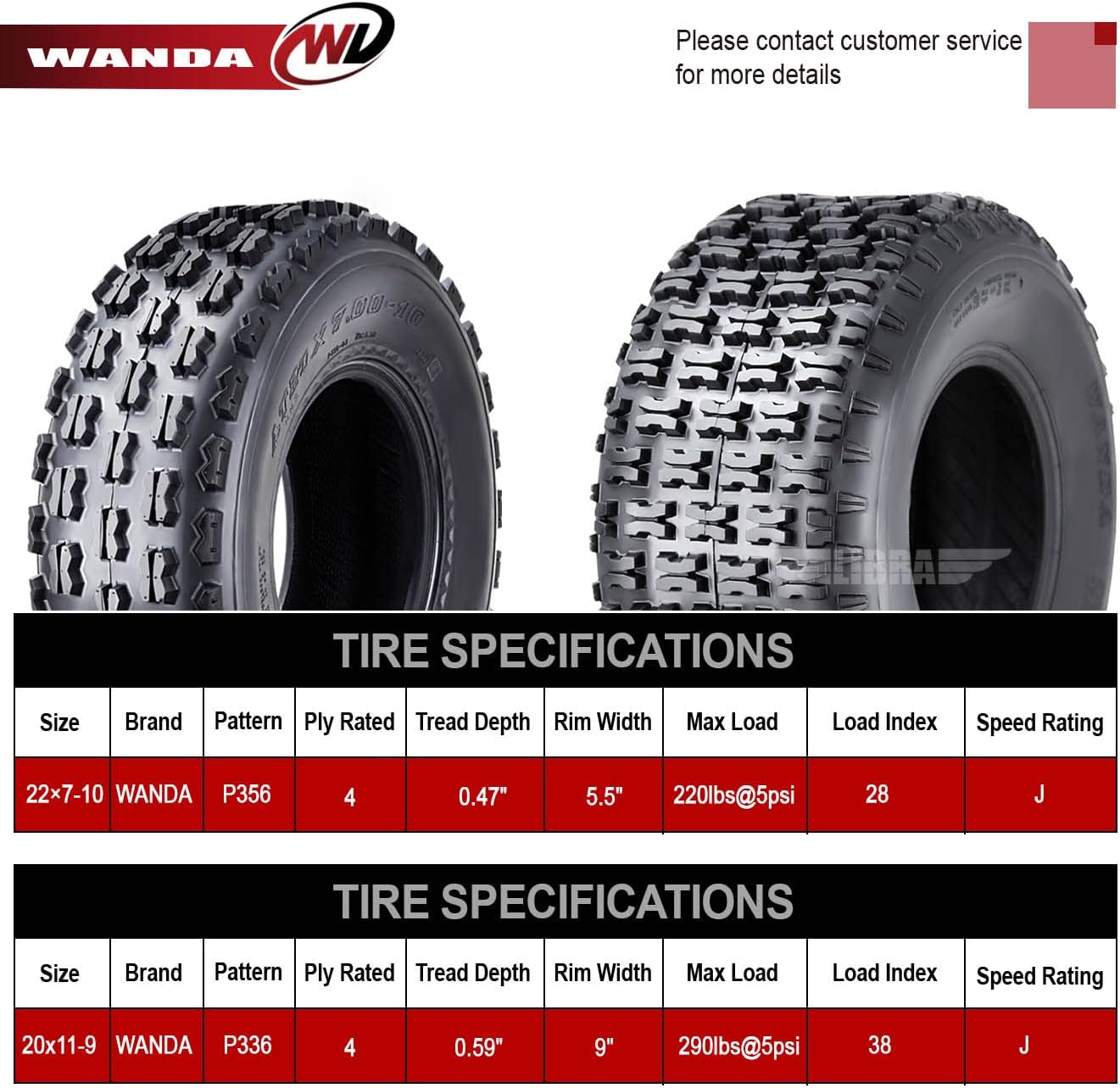 WANDA Set 4 Sport ATV tires 22x7-10 22x7x10 Front & 20x11-9 20x11x9 Rear