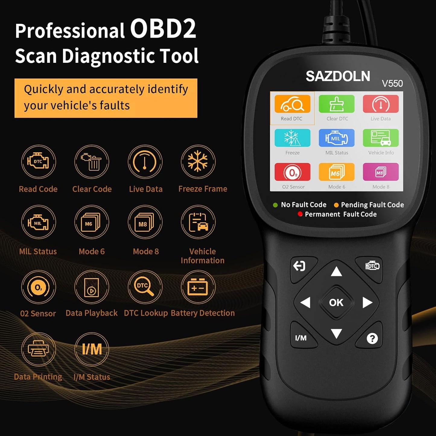 V550 OBD2-Scanner, Battery-Tester, Enhanced Car-Diagnostic-Tool Read & Clear Engine Fault Codes, CAN Scan Tool for All OBD2 Cars 1996+, 40,000+DTC, Live Data(Black)