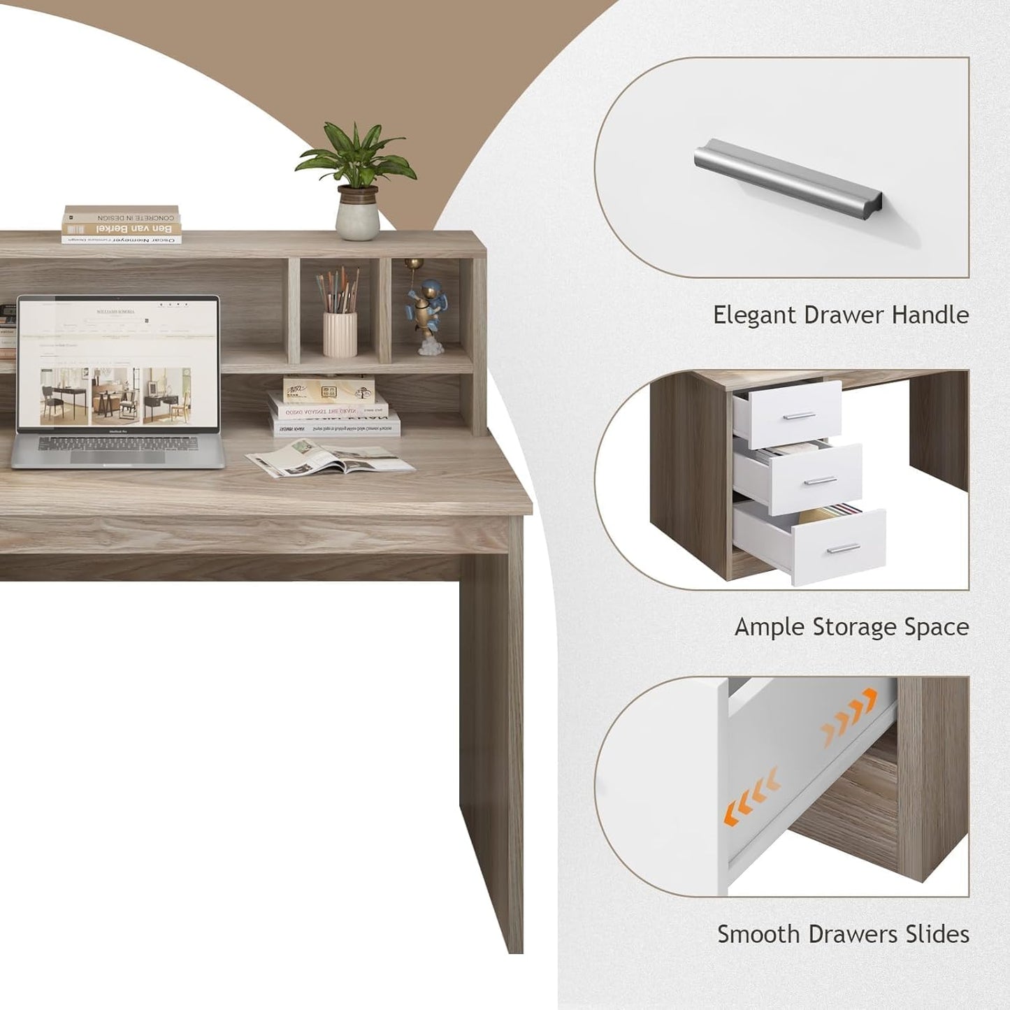 46 inch Home Office Desk with 3 Storage Drawers for Small Spaces, Writing Study Table for Home Office, Computer Desk with Hutch, Walnut and White