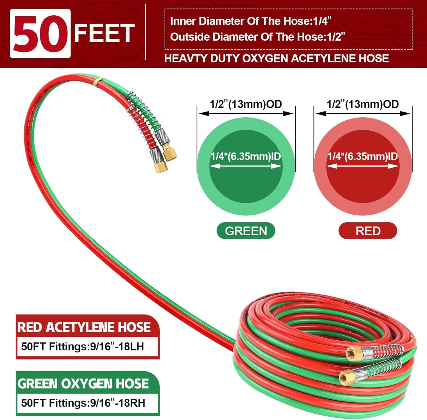 Boltigen 50 Feet Oxygen Acetylene Hose, 1/4inch Grade R Oxy Acetylene Torch Hose with Brass 9/16''-18 LH/RH B Fittings, Stainless Steel Spring Ends Twin Welding Cutting Torch Hose Reel