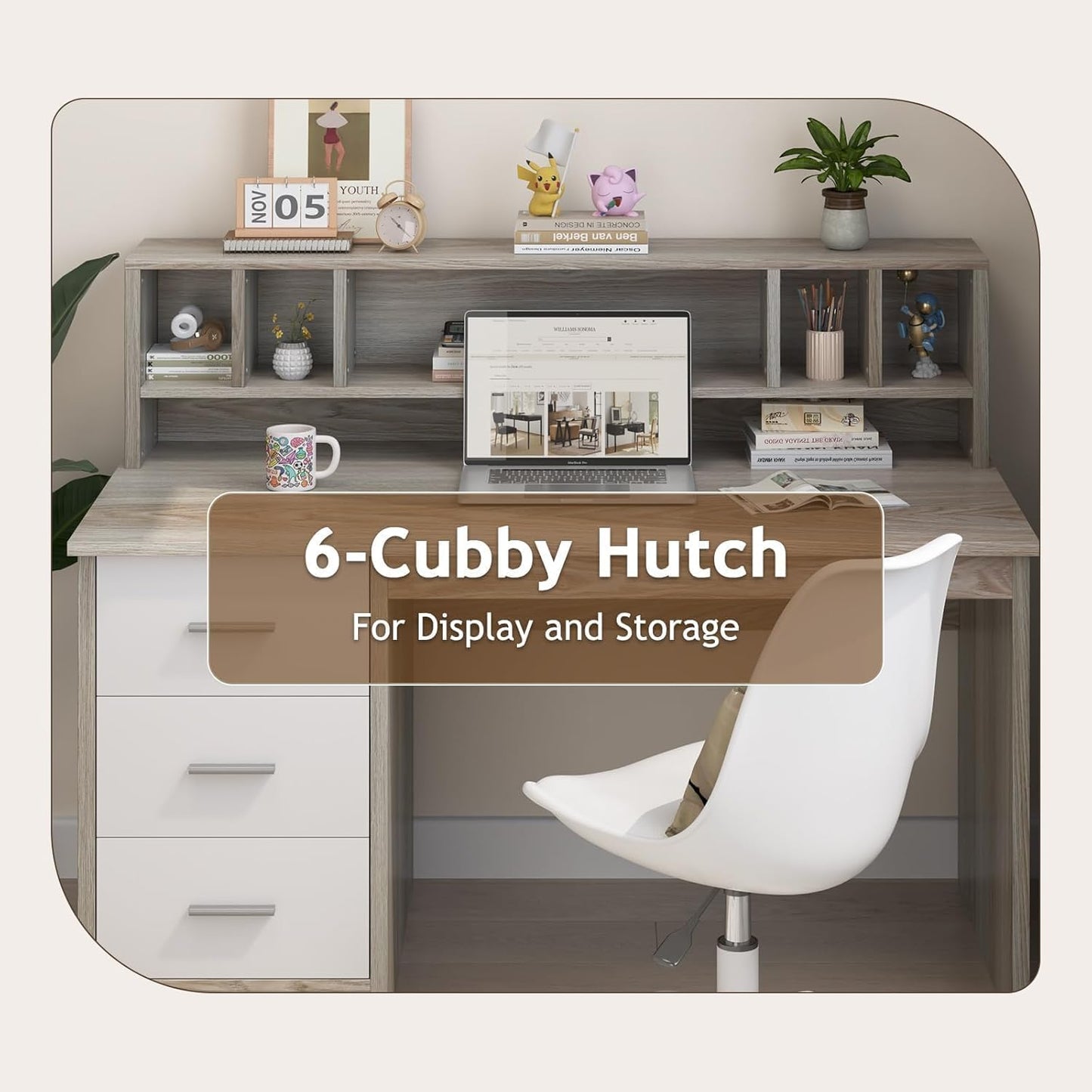 46 inch Home Office Desk with 3 Storage Drawers for Small Spaces, Writing Study Table for Home Office, Computer Desk with Hutch, Walnut and White