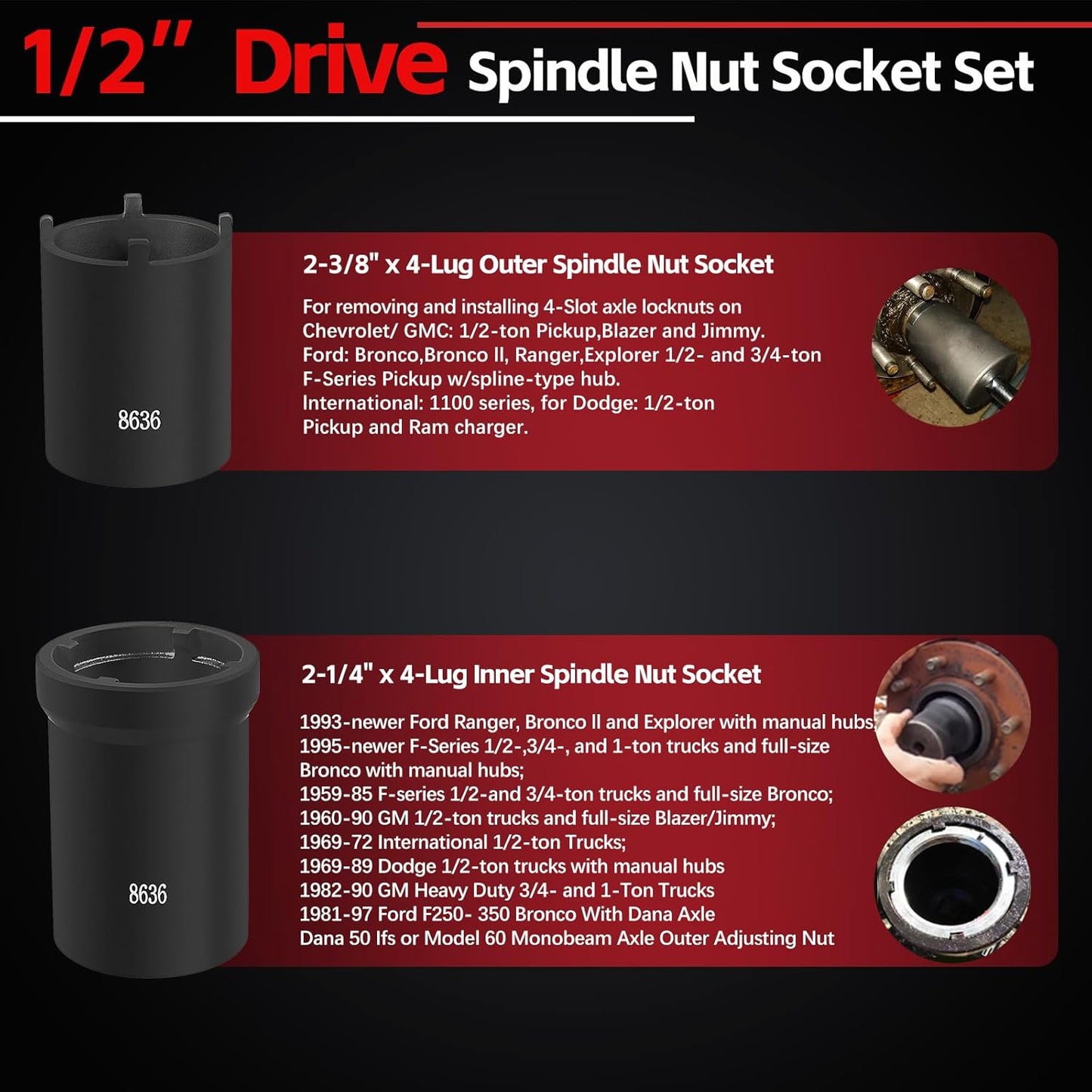 Spindle Nut Socket Tool Kit 5 Pcs Axle Hub Lock Nut Socket Set 1/2” Drive Wheel Drive Spindle Nut Remover Installer for Ford Dana 50/60, Chevy, and Dodge, Replace# 648636 Lug Out Spindle Socket Set