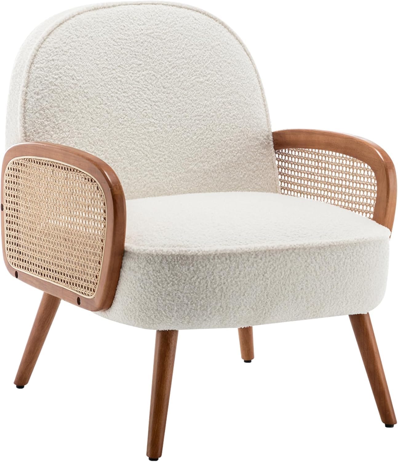 Aklaus Mid Century Modern Accent Chair Set of 2 Upholstered Rattan Arm Chairs Sherpa Teddy Fabric Reading Chairs for Living Room Bedroom Balcony Hobo Accent Chairs Side Chairs Club Chairs White