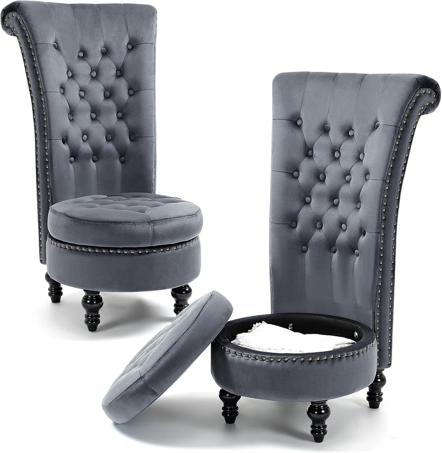 AVAWING High Back Throne Chair Set of 2, Velvet Royal Accent Chair with Button-Tufted Back,Armless Gothic Chair w/Storage, Nailhead Trim Design & Rubber Wood Legs for Living Room & Bedroom, White