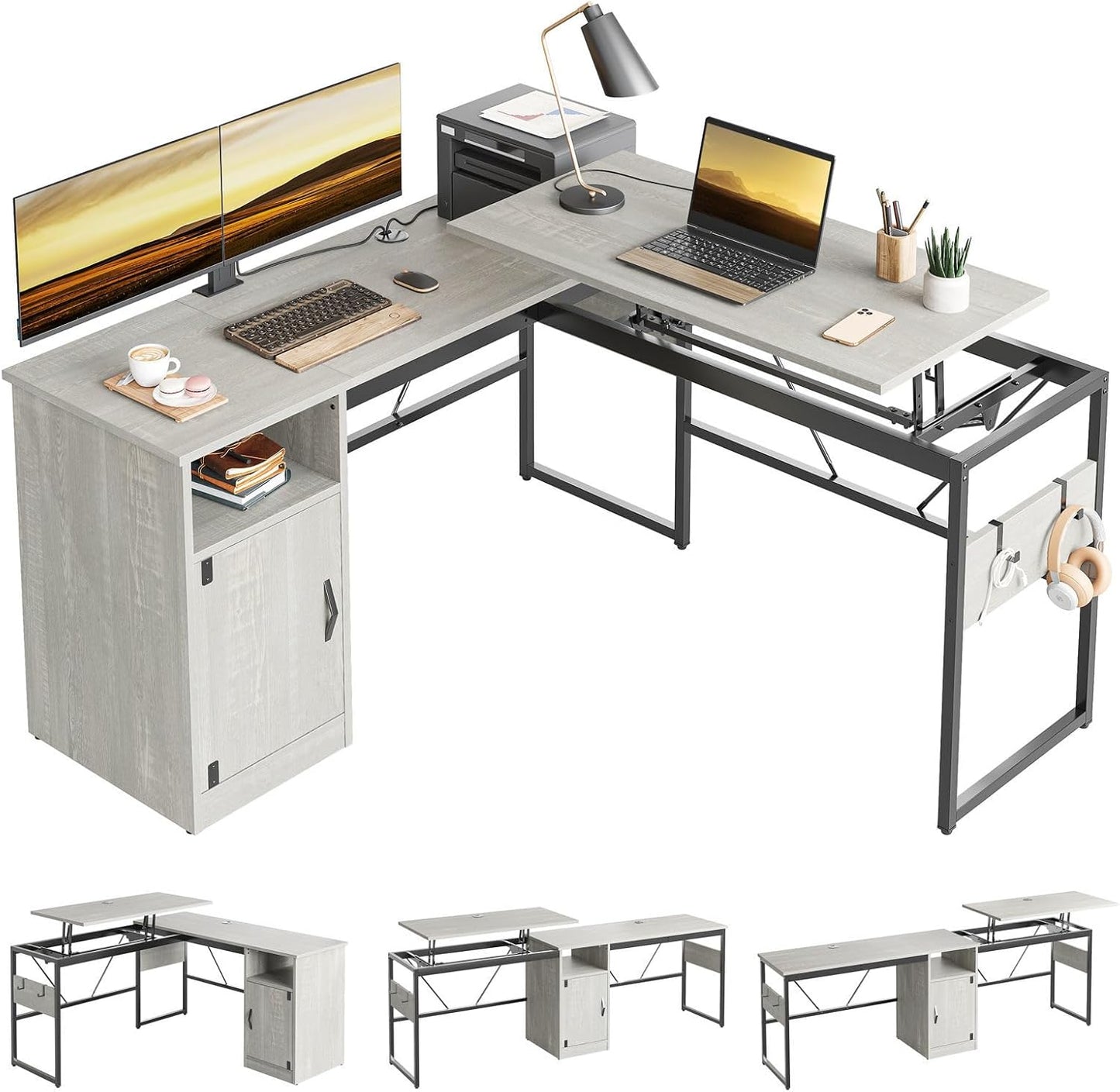 Bestier L Shaped Standing Desk Adjustable Height, 60" Corner Computer Desk with Storage File Cabinet, 95.2" Long and Large Reversible Office Desk with Lift Top, Washed White
