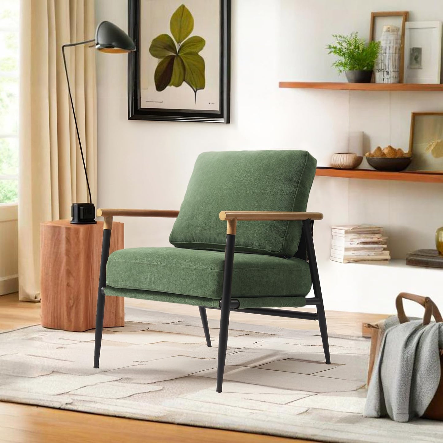Accent Chair, Upholstered Chenille Living Room Chair with Metal Frame, Mid Century Modern Reading Lounge Sofa Armchair with Removable Cushion for Living Room, Bedroom, Office (Green, Set of 2)