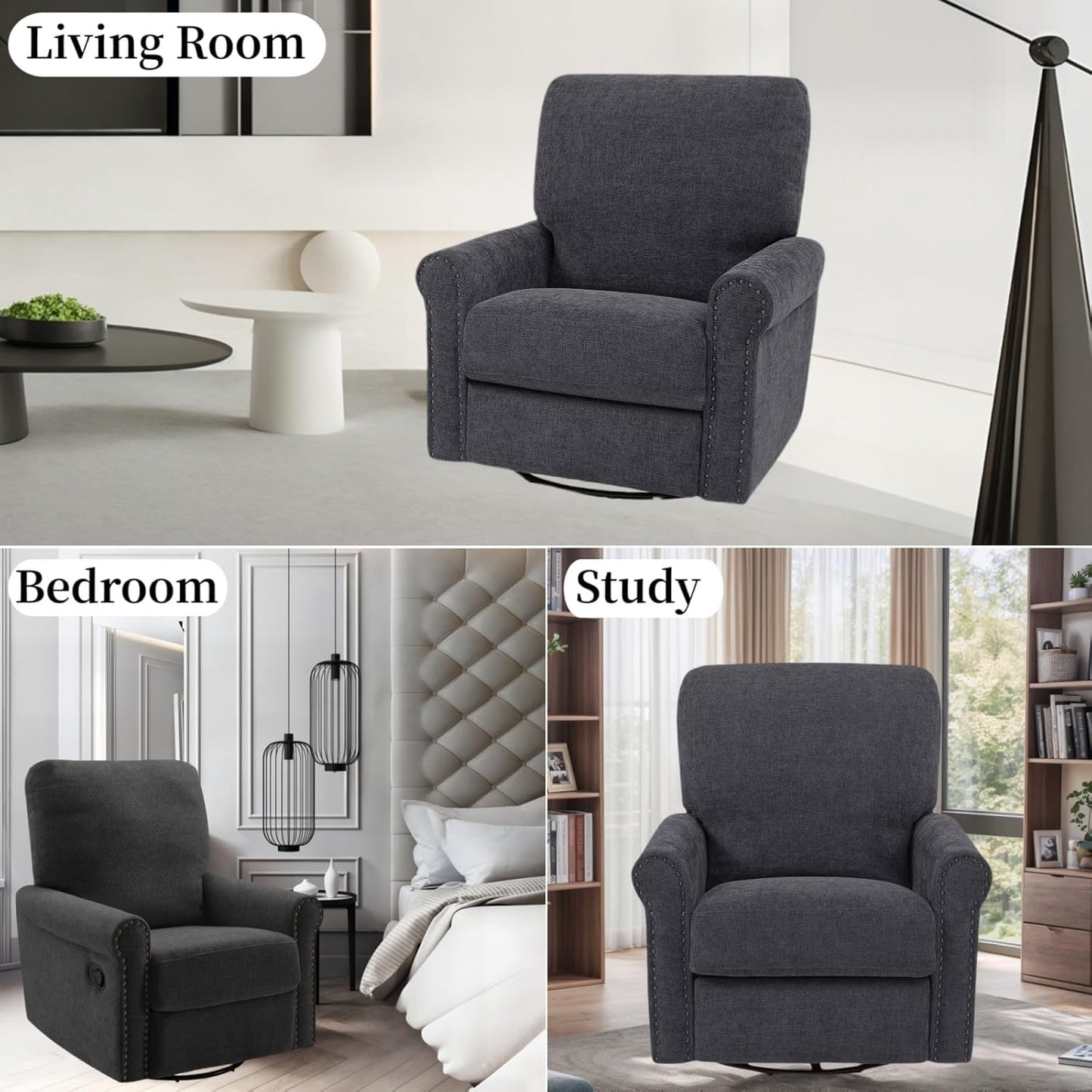 Accent Chairs 360° Recliner Chair Swivel Rocker Chair for Adults, Nursery Swivel Chairs for Living Room, High Back Upholstered Deep Seat Lazy Boy Recliner Chairs (Polyester Fabric- Dark Gray-1PCS)