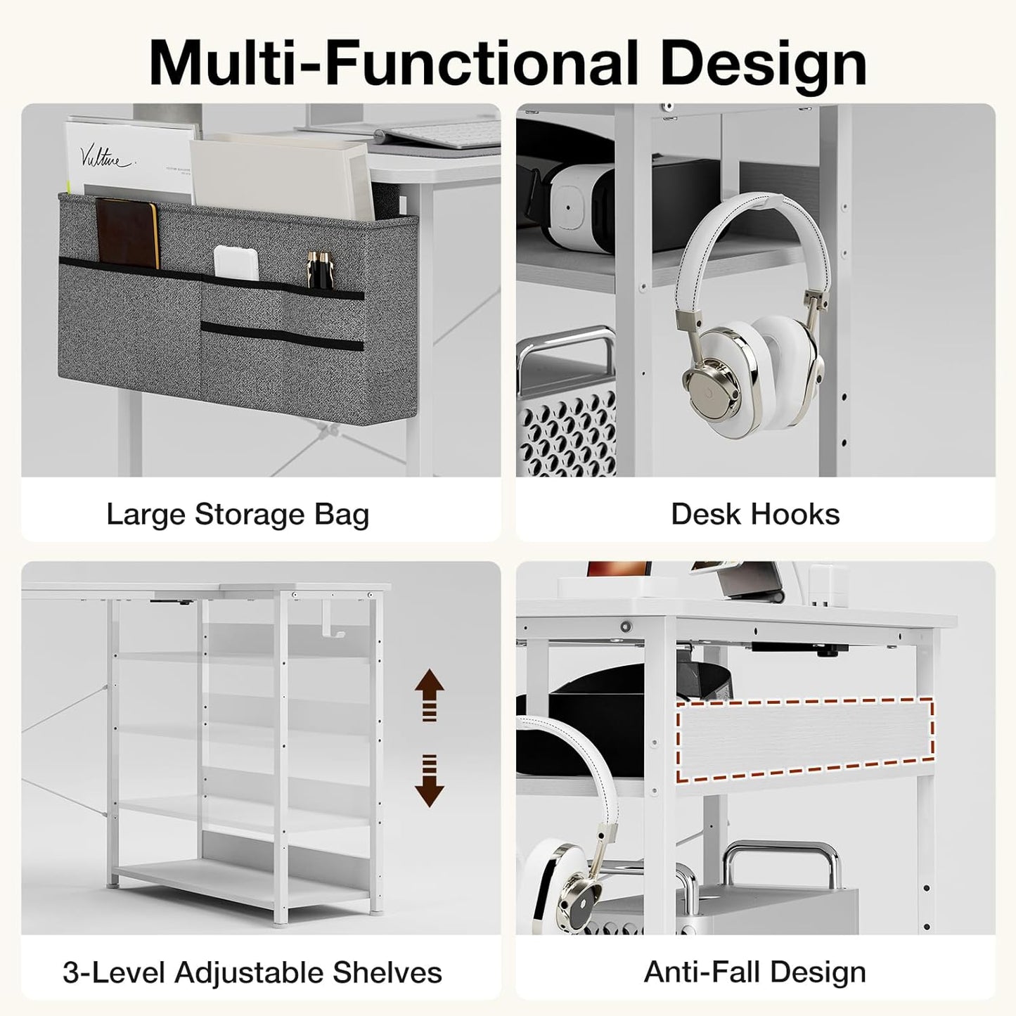 Small Gaming Desk with Power Outlets, 40 Inch L Shaped Desks with Reversible Shelves and Storage Bag,Computer Desk Corner Desk PC Desk for Gaming and Home Office Table,White