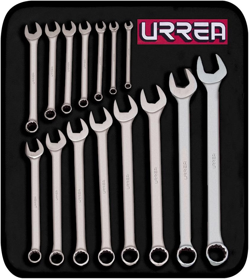 Urrea 12 Pt. Combination Wrench Set - 14Piece (5/16" - 1-1/4") Professional Grade Tool Kit with Canvas Tool-Roll & Satin Finish - 1200FA