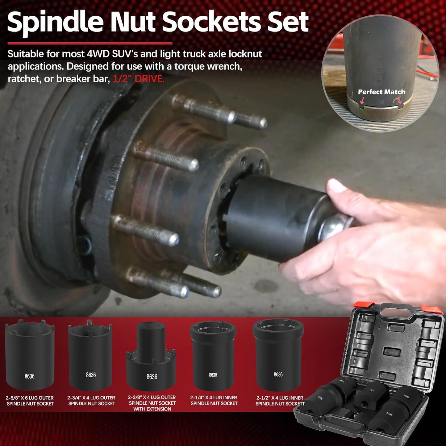 Spindle Nut Socket Tool Kit 5 Pcs Axle Hub Lock Nut Socket Set 1/2” Drive Wheel Drive Spindle Nut Remover Installer for Ford Dana 50/60, Chevy, and Dodge, Replace# 648636 Lug Out Spindle Socket Set
