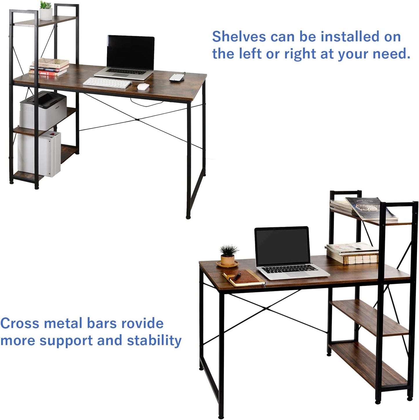 AEONS Computer Study Desk with Storage Shelves, Home Office Desk with Reversible Bookshelf Study Writing Table Corner Desk 47”, Wood & Metal, Space-Saving