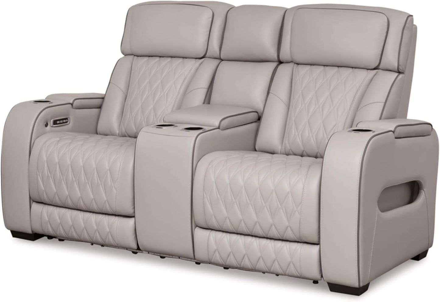 Signature Design by Ashley Boyington Contemporary Leather Match Power Reclining Sofa with USB Charging Ports, LED Lights and Adjustable Headrest, Light Gray