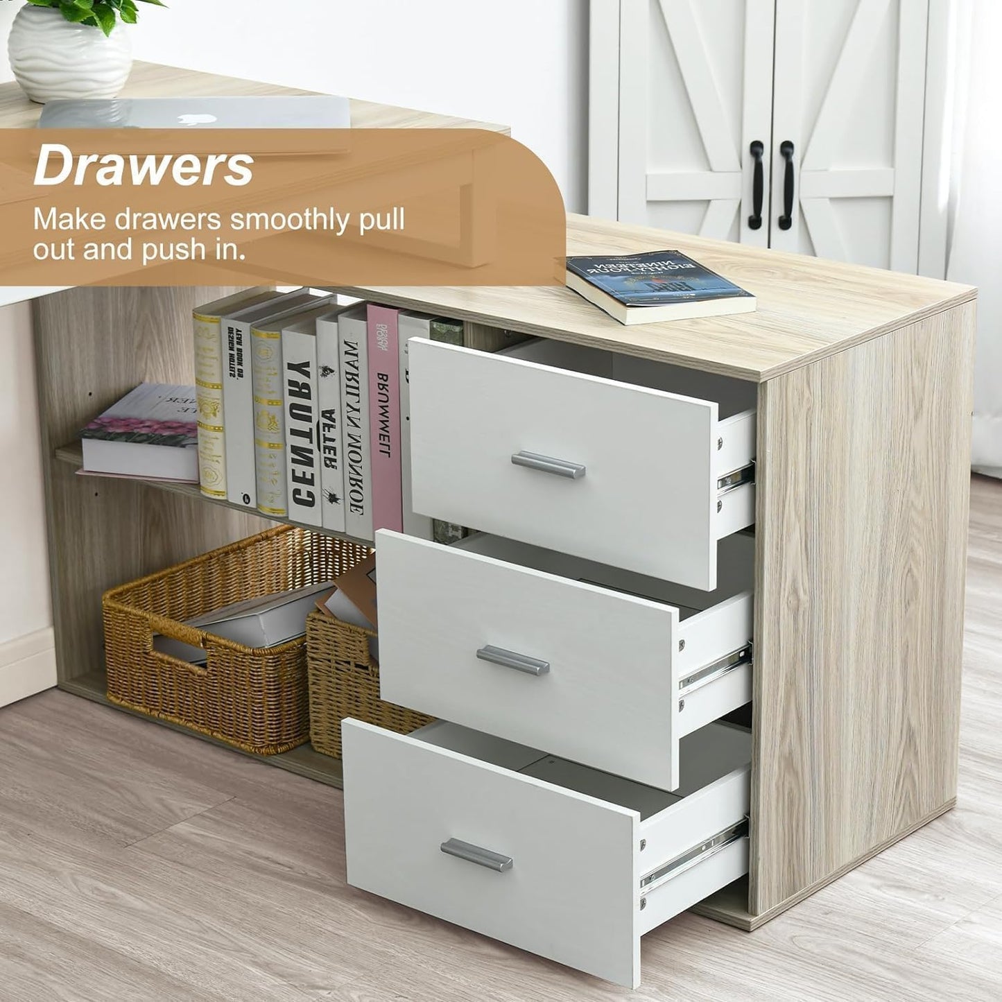 55 Inch Reversible L Shaped Computer Desk with 3 Drawers, Corner Desk with Storage Shelves and Removable Monitor Stand, White and Walnut