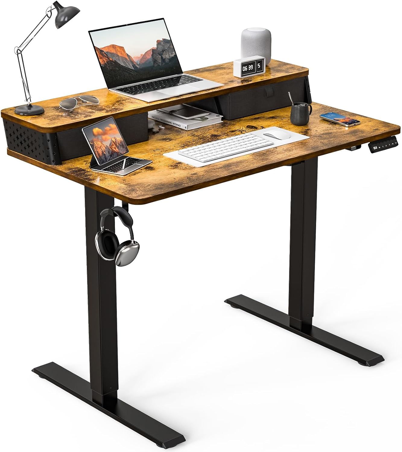 48"x 24" Standing Desk with Drawers, Easy Assembly Design, Adjustable Height Sit Stand Up Desk, Home Office Table with C-Clamp Mount Compatible, 3 Preset Heights & 2 Hooks(Rustic Brown)