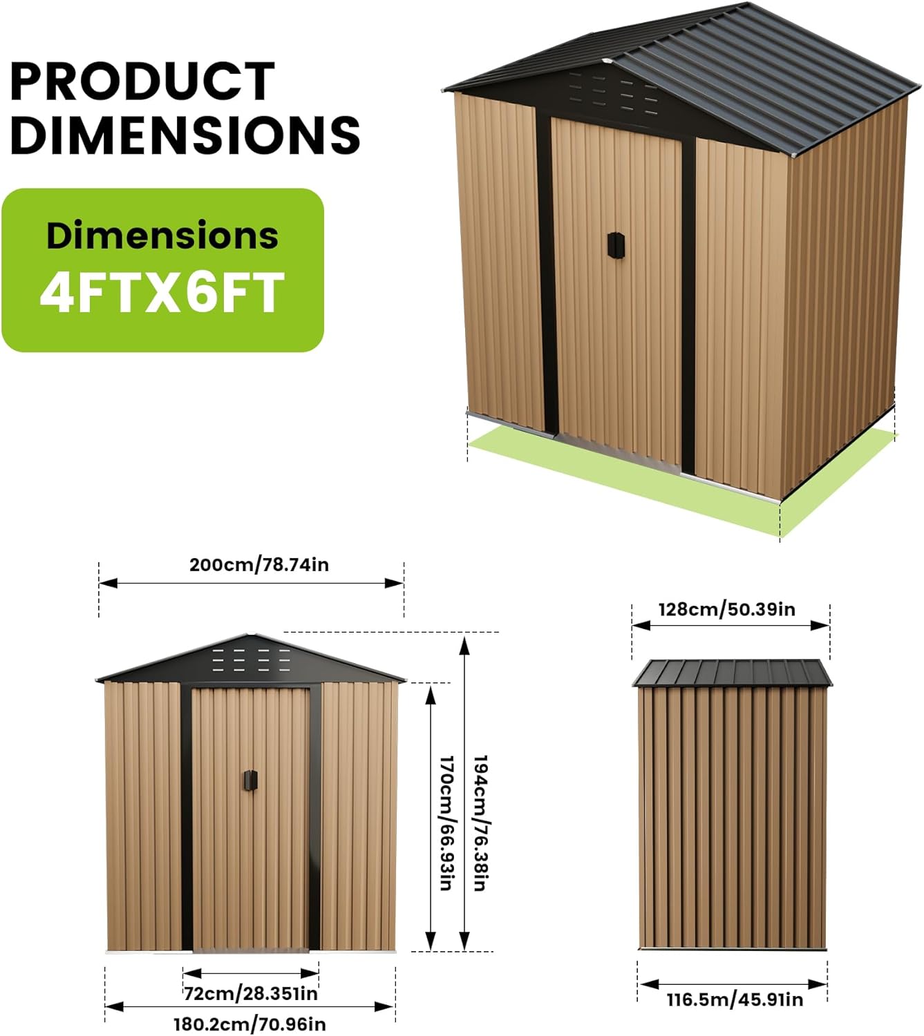 6 x 4 FT Storage Shed, Outdoor Metal Storage Shed, Metal Garden Tool Shed with Roof, Door & Lock, Waterproof and Anti-UV, for Patio Garden Yard, Brown
