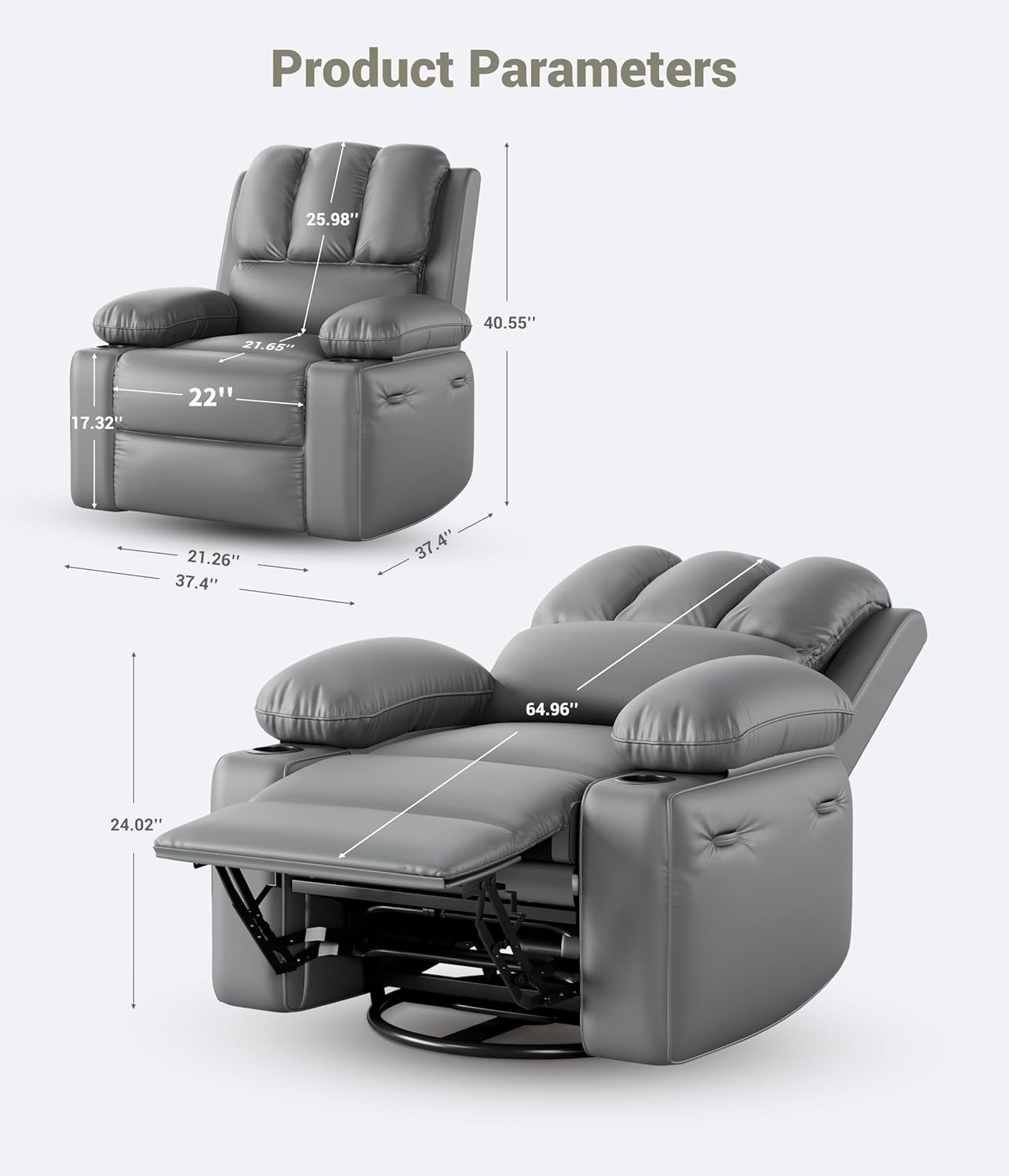 22'' Manual Recliner Chair for Adults, PU Leather Recliner with Cup Holders and Side Pockets, Ergonomic Design for Nursery, Living Room, Bedroom, and Home Theater, Grey