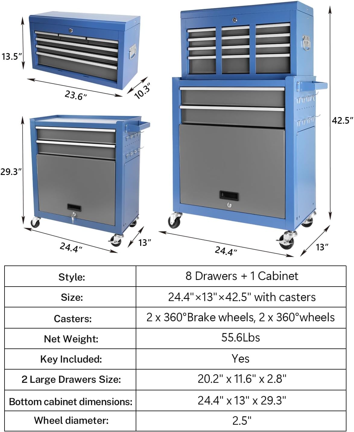 2 in 1 Tool Chest with 8 Drawers, Tool Cart with 7 Organizer Tray Divider Set & Wheels, Large Rolling Tool Box Organizer for Garage, Workshop, Home Crafts