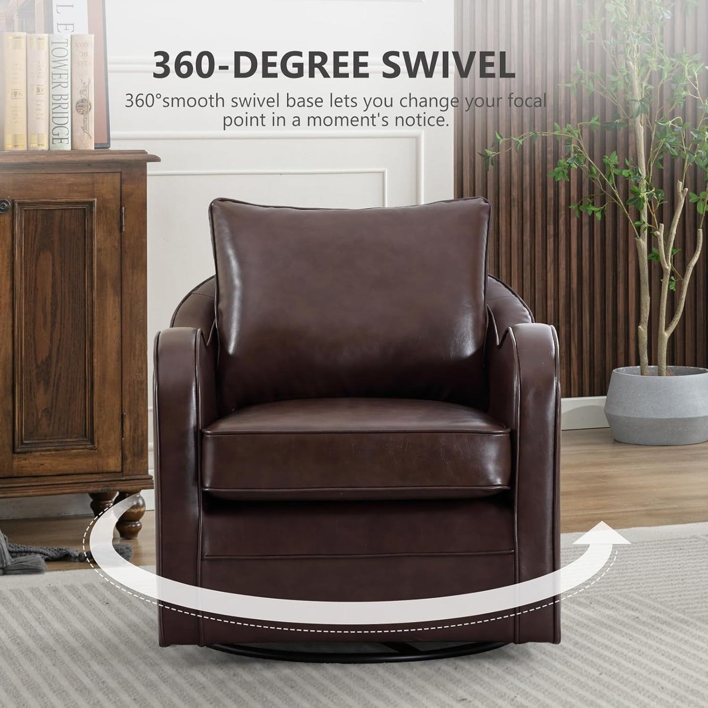 Simore Faux Leather Swivel Barrel Accent Chair Set of 2 for Living Room Bedroom, Comfy Modern Round Swivel Chair with Removable Pillow, Dark Brown