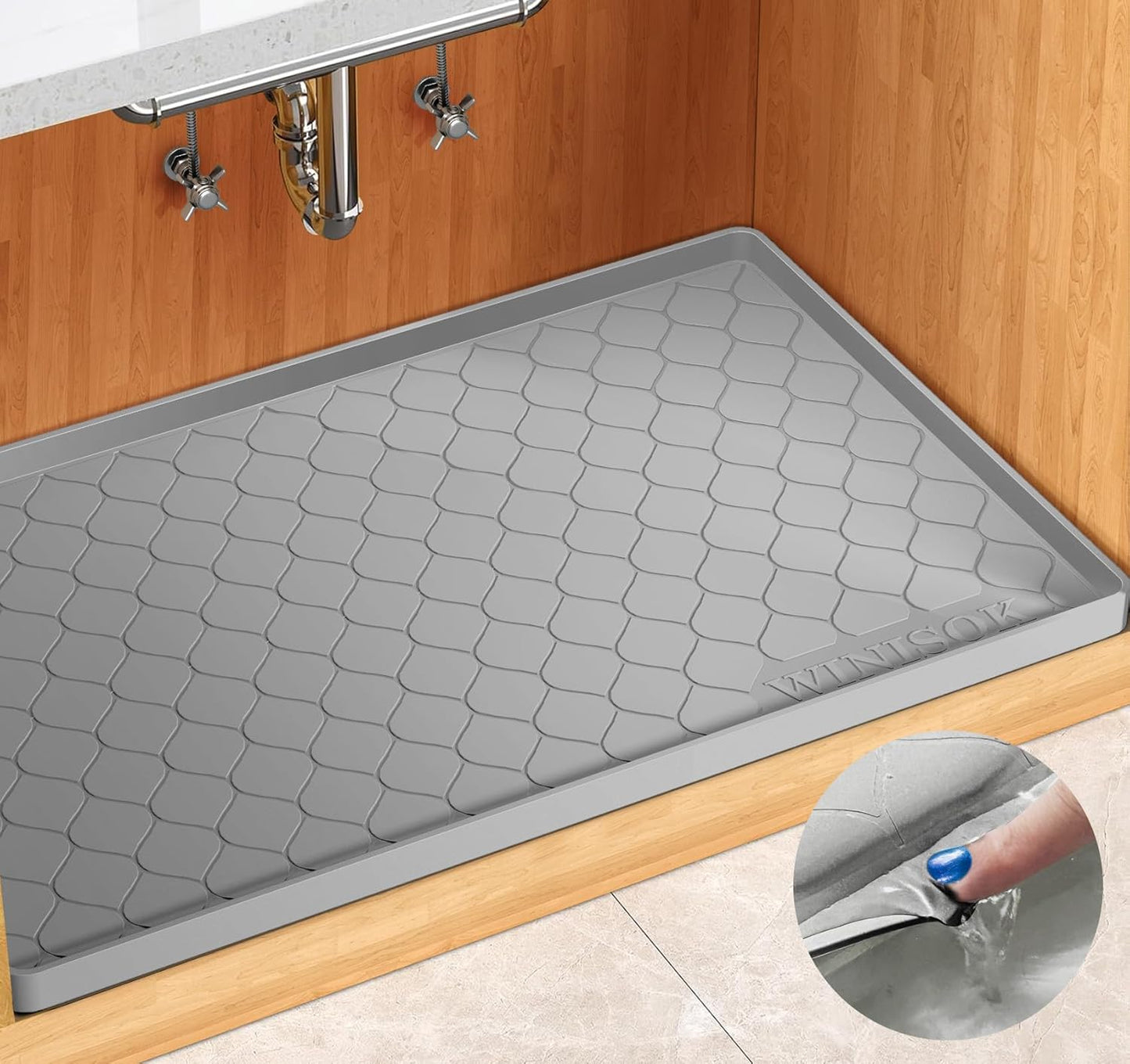 Silicone Under Sink Mat 34" x 22", kitchen Essentials and Gadgets, Shelf liner and Cabinet Protector, Home Organizers and Storage, Waterproof Bathroom Tray
