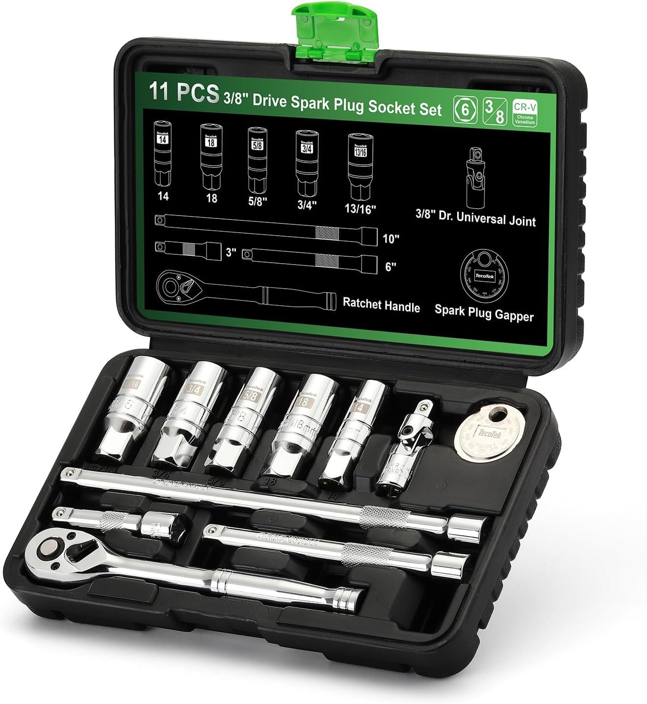11Pcs 3/8" Drive Spark Plug Socket Set with Click Torque Wrench, Spark Plug Gapper, Universal Joint, Extension Bar, 9/16", 5/8", 3/4", 13/16", 14, 16 and 18mm, CR-V Sockets with Rubber Rings