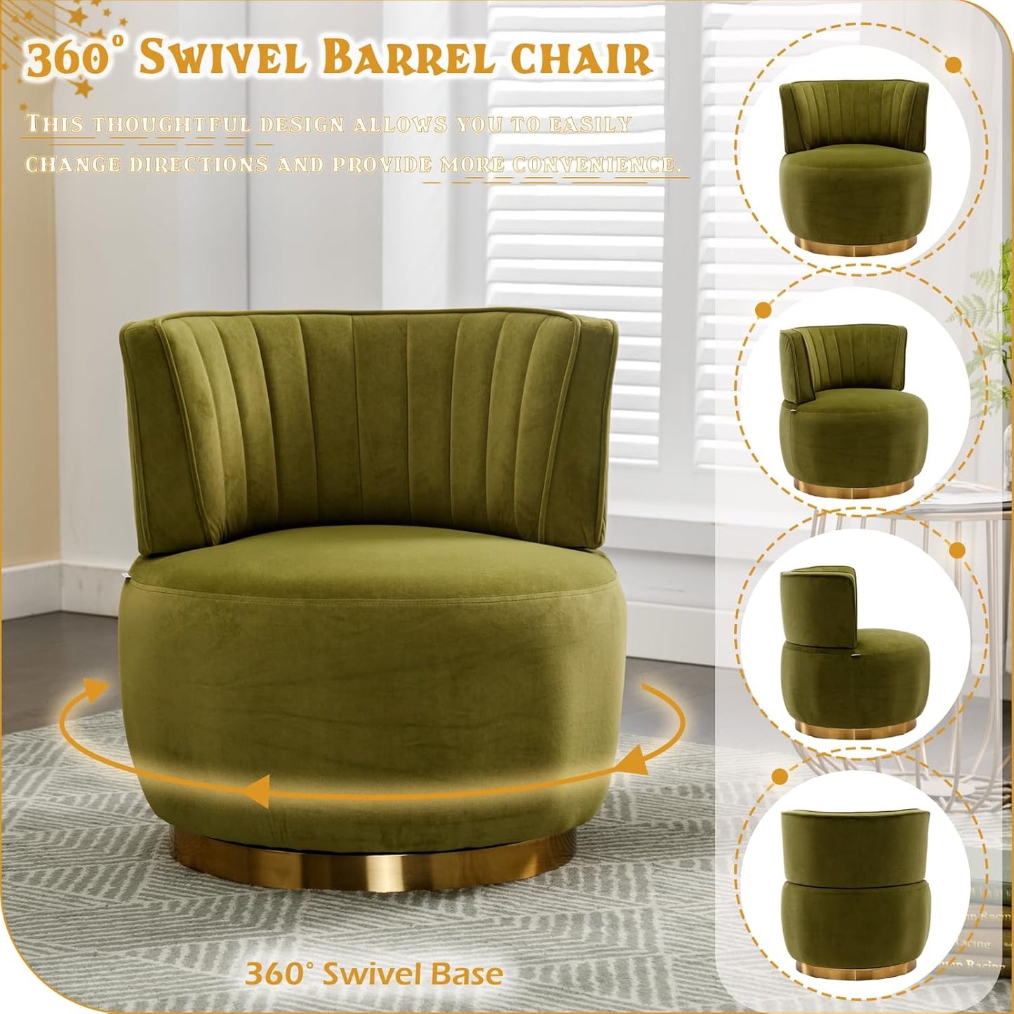 Velvet Swivel Barrel Chairs Set of 2, Upholstered 360-Degree Swivel Accent Armchair, Modern Comfy Round Leisure Sofa Chair for Small Living Room, Bedroom, Nursery Room, Lounge, Office, Olive