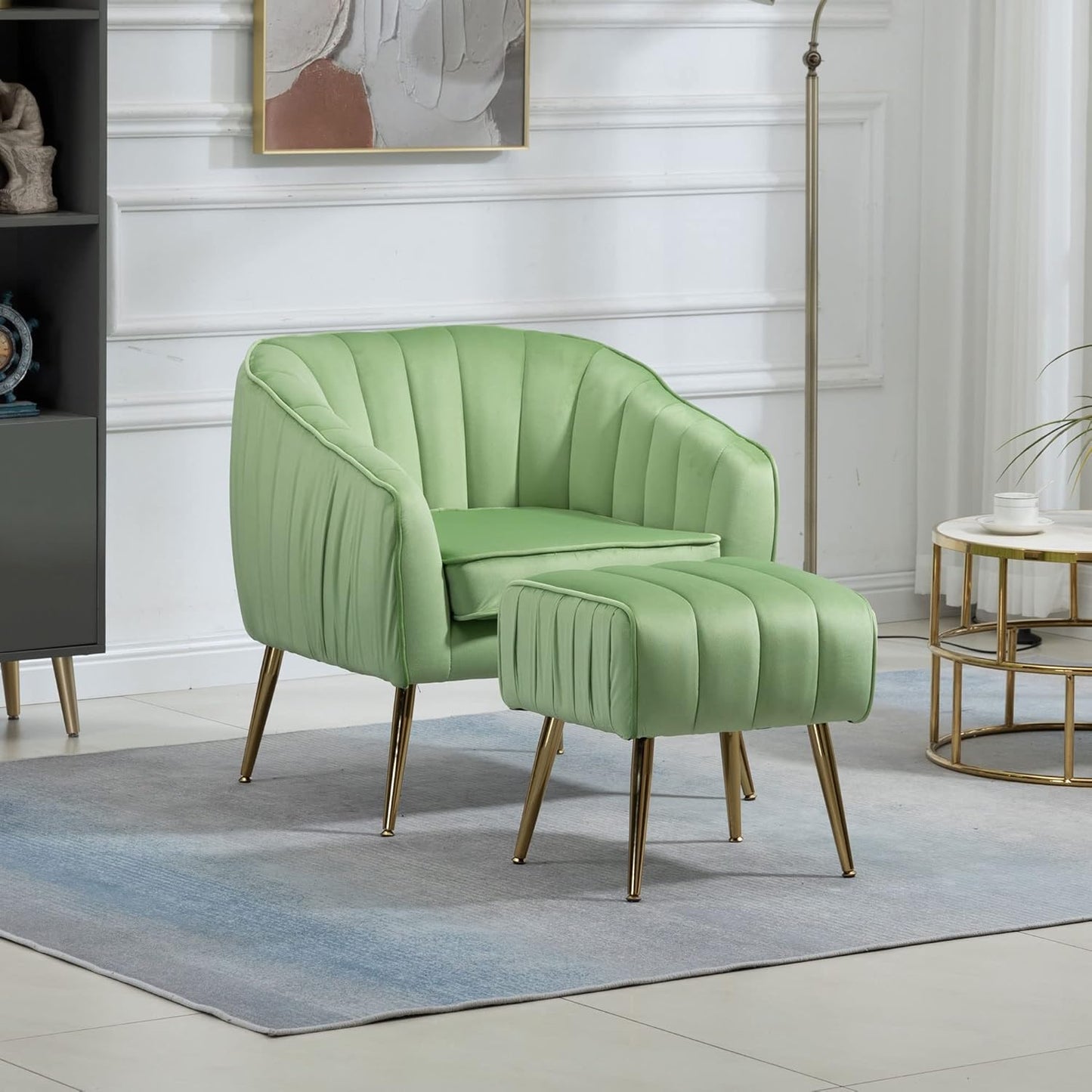 Velvet Accent Sofa Chair with Ottoman, Comfy Living Room Chairs with Adjustable Legs, Modern Upholstered Tufted Lounge Barrel Chair Ottoman Set for Bedroom, Home, Office (Pink)