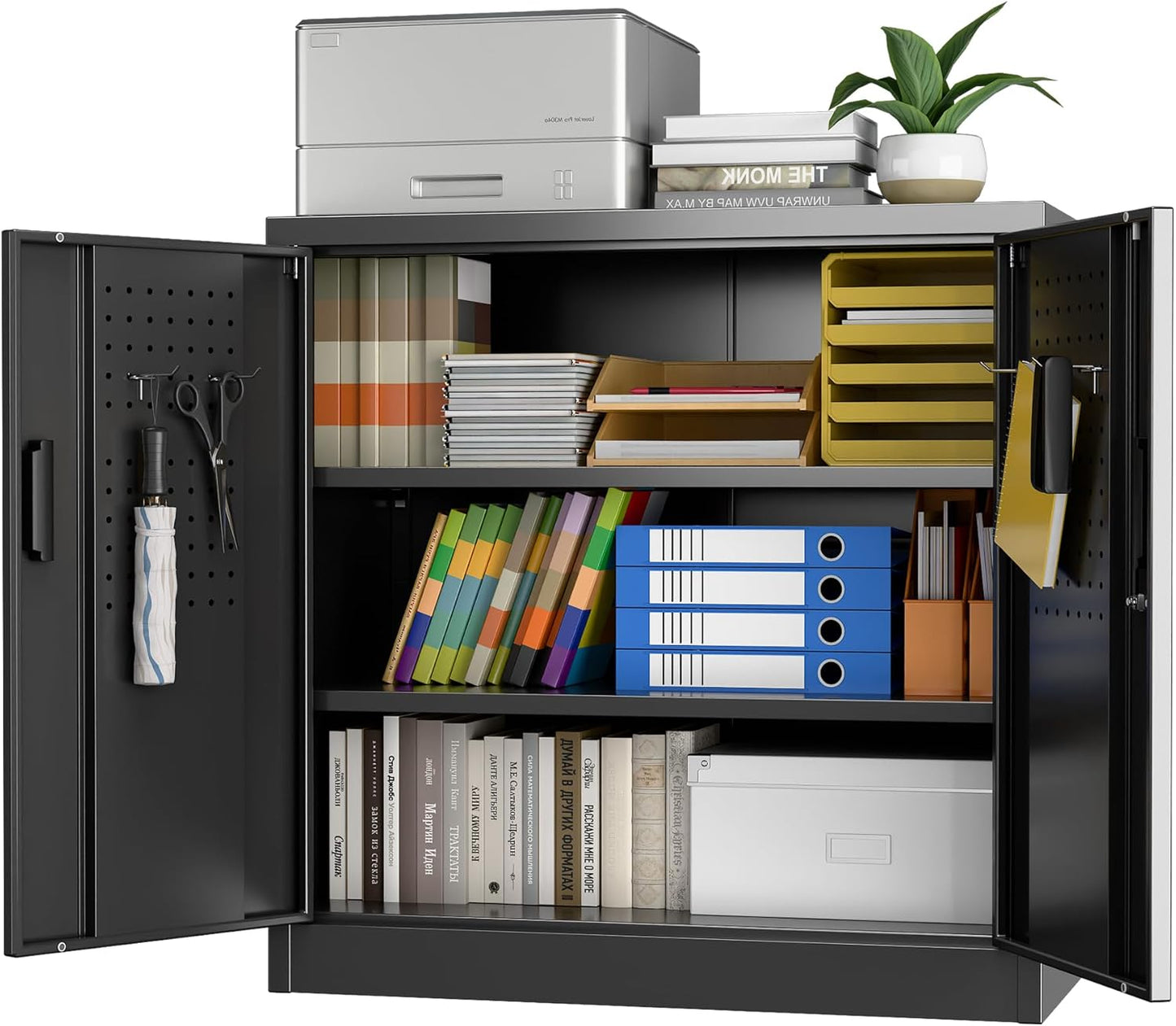 Aobabo Black Metal Cleaning Tool Storage Cabinet with Lockable Door with Keys, 71.41" H×31.53" W×15.74" D, Adjustable Shelves, Pegboard, 13 Hooks, Broom Closet Storage Cabinet for Janitorial Supplies