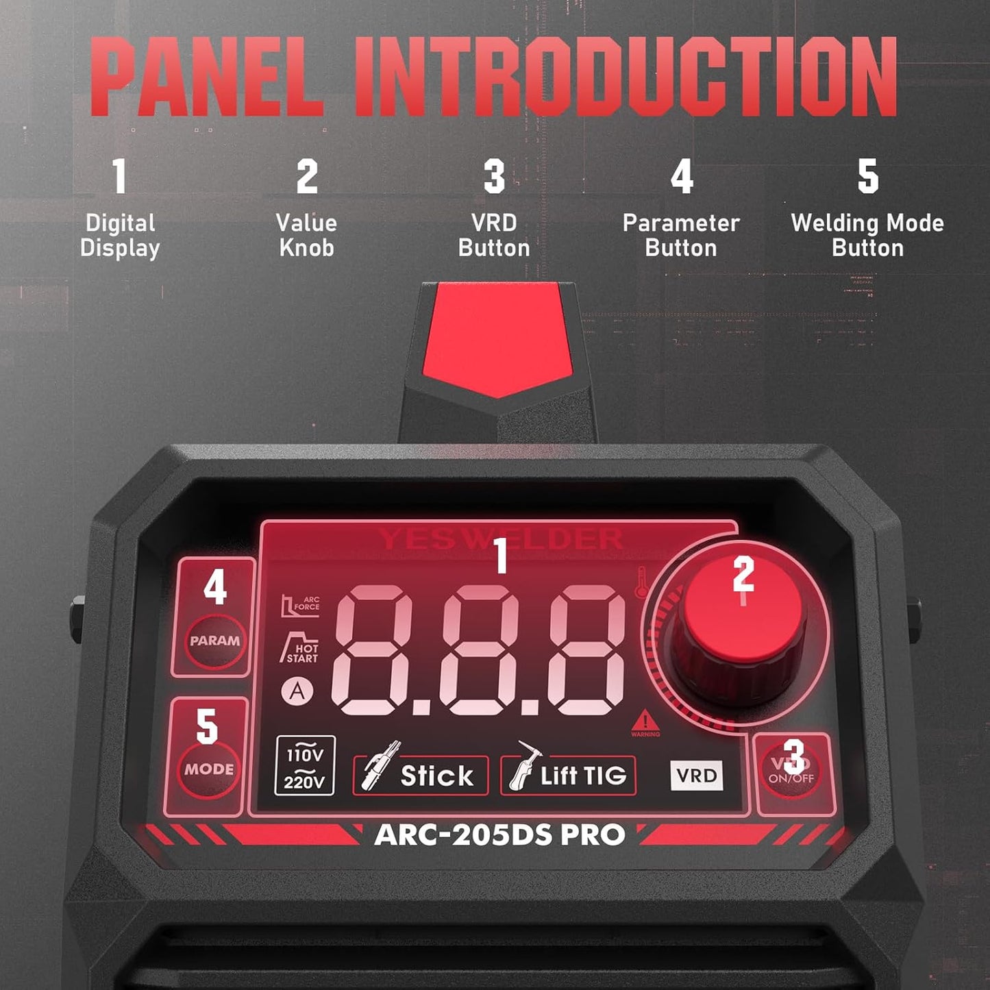 YESWELDER 205Amp Stick Welder Large LED Display, Digital Inverter IGBT ARC Welding Machine, 110V/220V Dual Voltage Hot Start Portable MMA Welder Machine, Arc Force