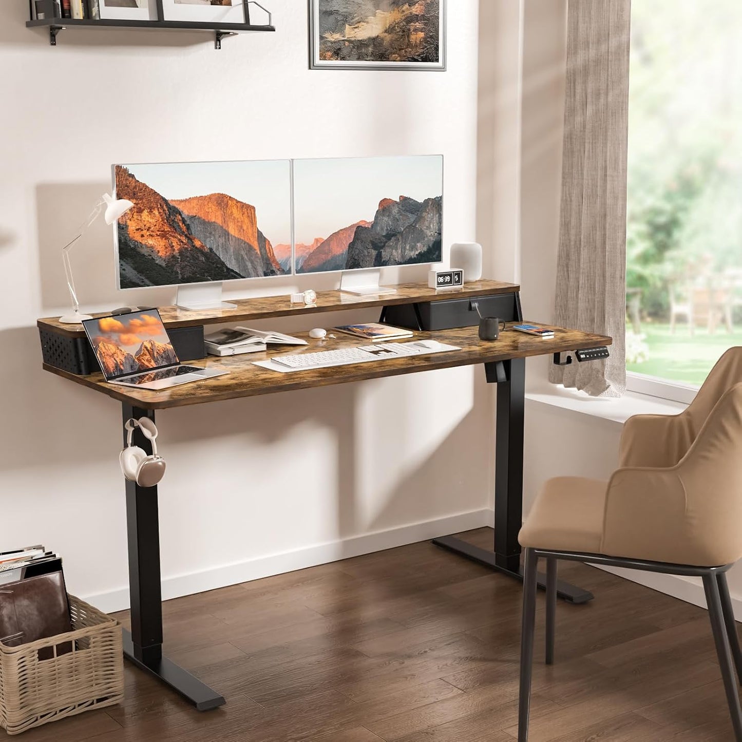 48"x 24" Standing Desk with Drawers, Easy Assembly Design, Adjustable Height Sit Stand Up Desk, Home Office Table with C-Clamp Mount Compatible, 3 Preset Heights & 2 Hooks(Rustic Brown)