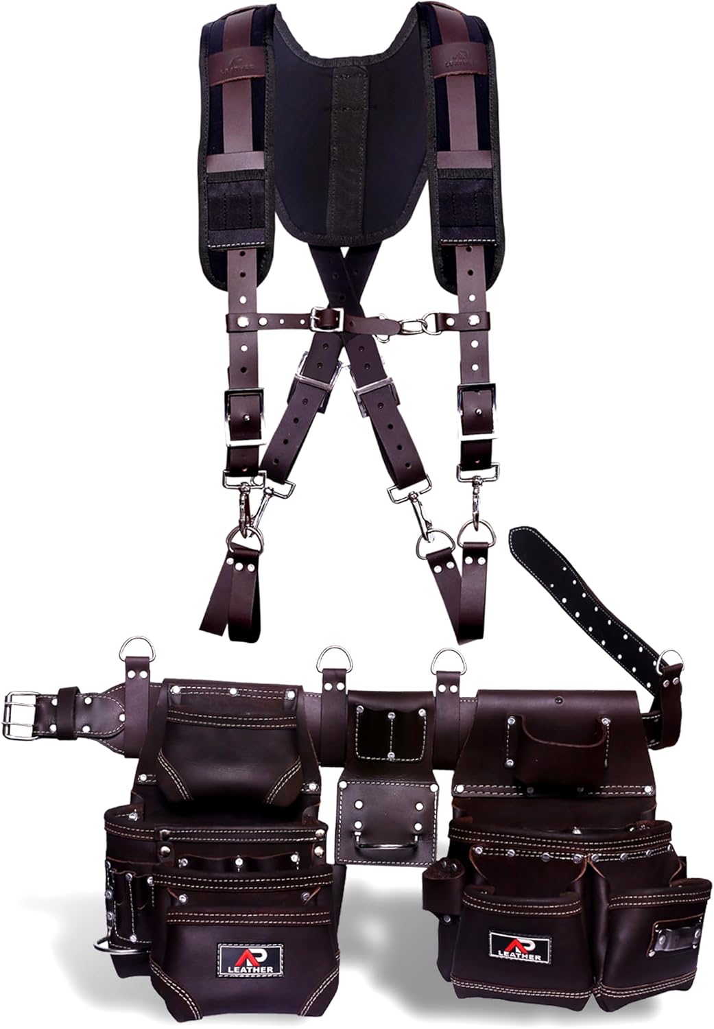 Ap-Leather Real cowhide oil tanned Leather Tool Belt/pouch/framer Set for Men/women Carpenters, Framers, Electricians, Gardeners & Construction Work with 26 Pockets.