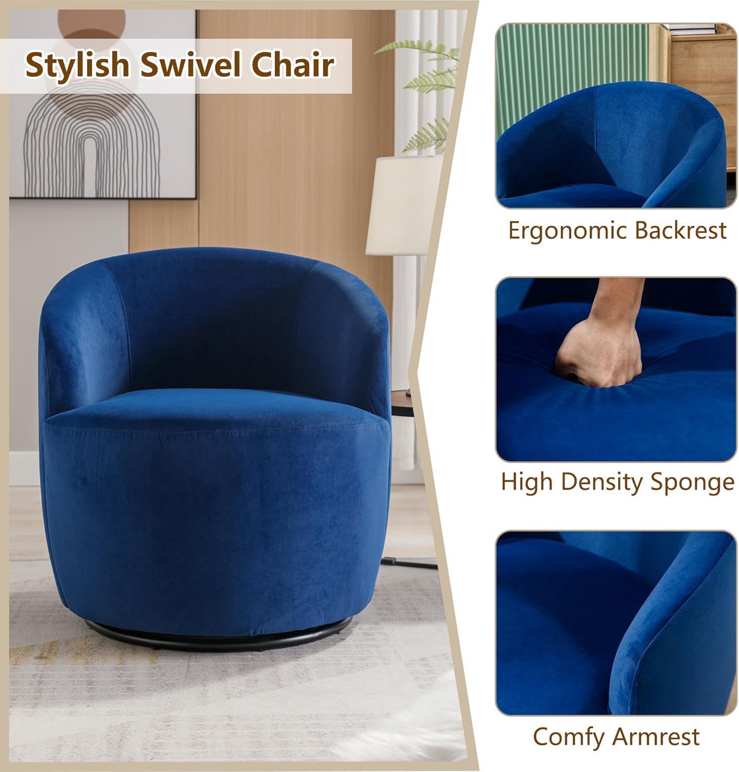 Swivel Accent Chairs Set of 2, Modern Round Vanity Chair for Living Room, Comfy Velvet Barrel Armchair, Small Single Sofa, Blue