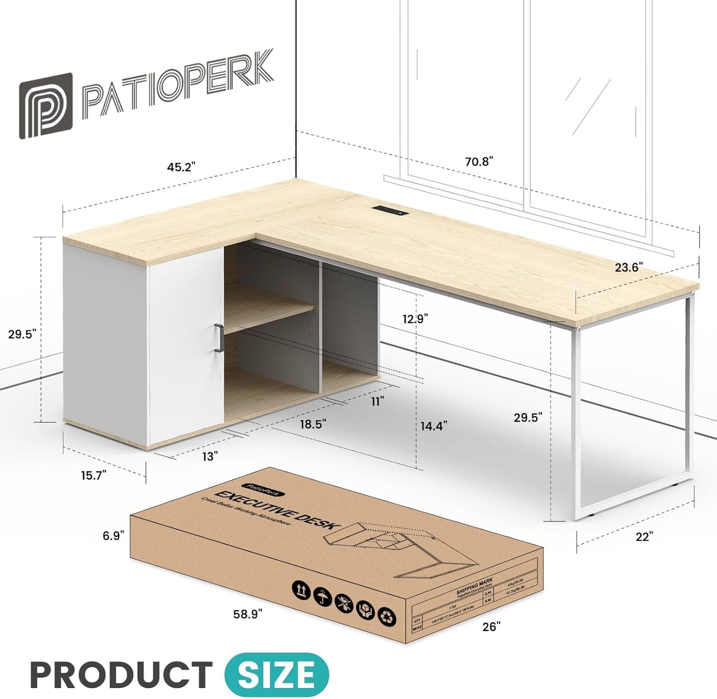 71" L Shaped Executive Desk, Executive Office Desk with File Cabinet and Power Outlet, Large Computer Table with Shelves, Business Furniture Workstation for Home Office (Oak & White)