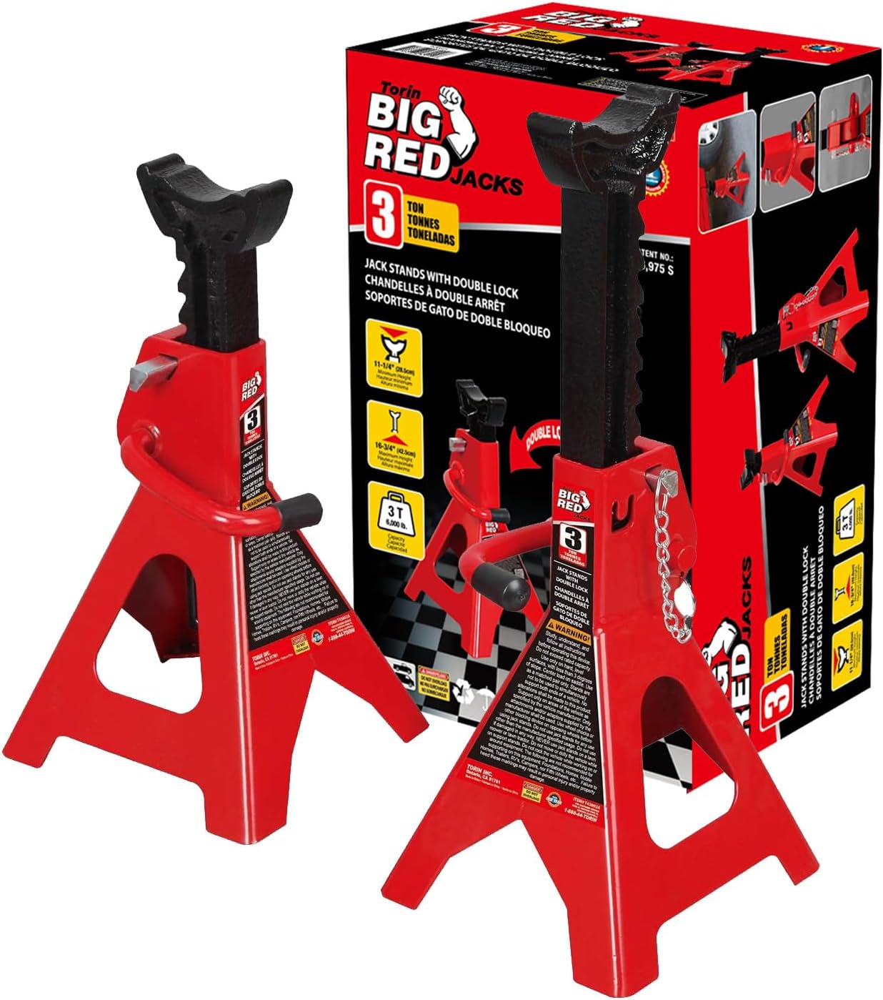 BIG RED T46002A Torin Steel Jack Stands: Double Locking, 6 Ton (12,000 lb) Capacity, Red, 1 Pair