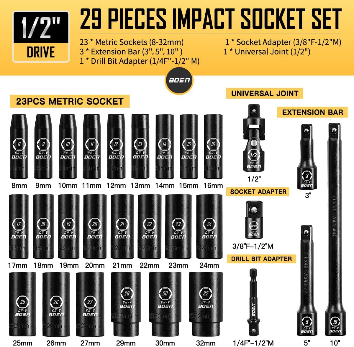 boen 8mm-32mm 1/2” Drive Metric Socket Set, Impact Deep Socket, 6 Point Lug Nut Socket for Auto Repair with Portable Case, CR-V Steel, 29PCS