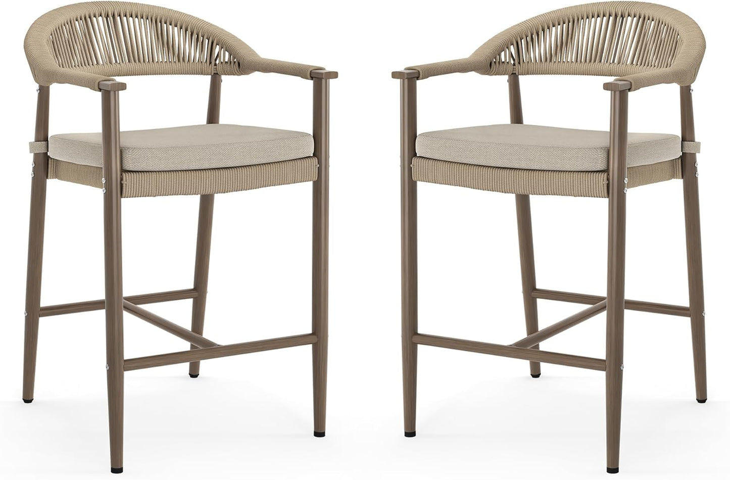 Bar Stools Set of 4, 24.8'' Aluminum Outdoor Bar Stool with Removable Cushion, Boho Rattan BarStools, Olefin Rope Woven Bar Chairs with Footrest for Patio, Garden, Pool, Kitchen, Black